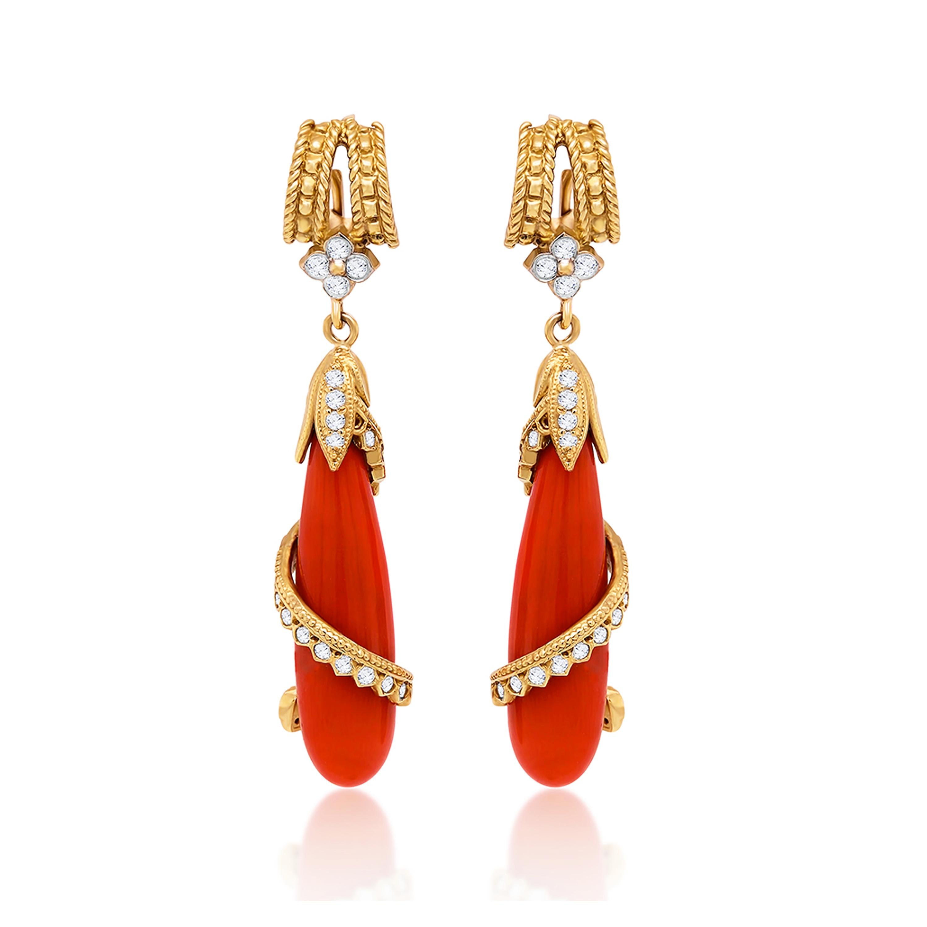 Stambolian 18K Gold and Diamond Twisted Sardinian Coral Drop Earrings In Excellent Condition For Sale In Boca Raton, FL