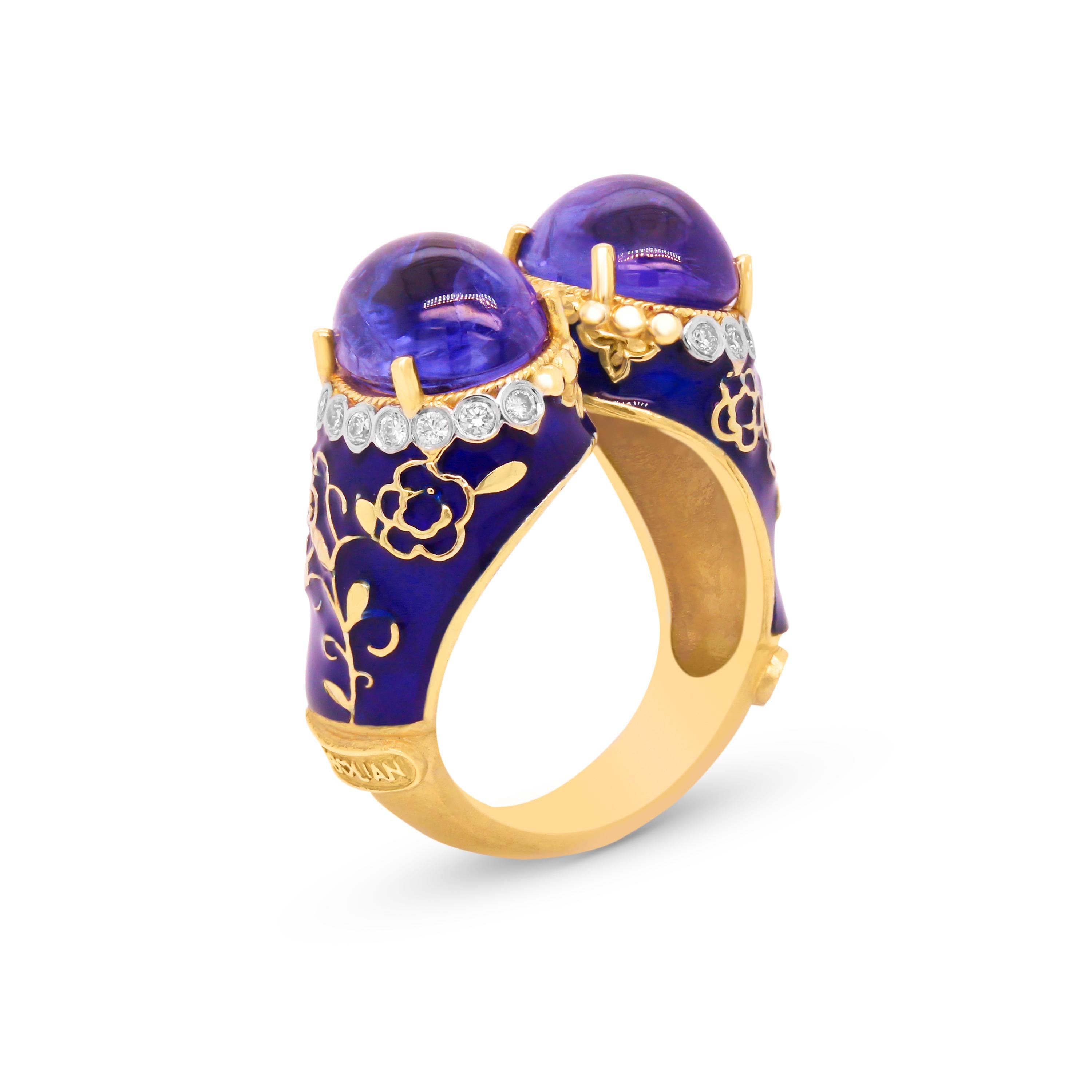 Oval Cut Stambolian 18K Gold and Diamonds Cobalt Blue Enamel Two Cabochon Tanzanites Ring For Sale