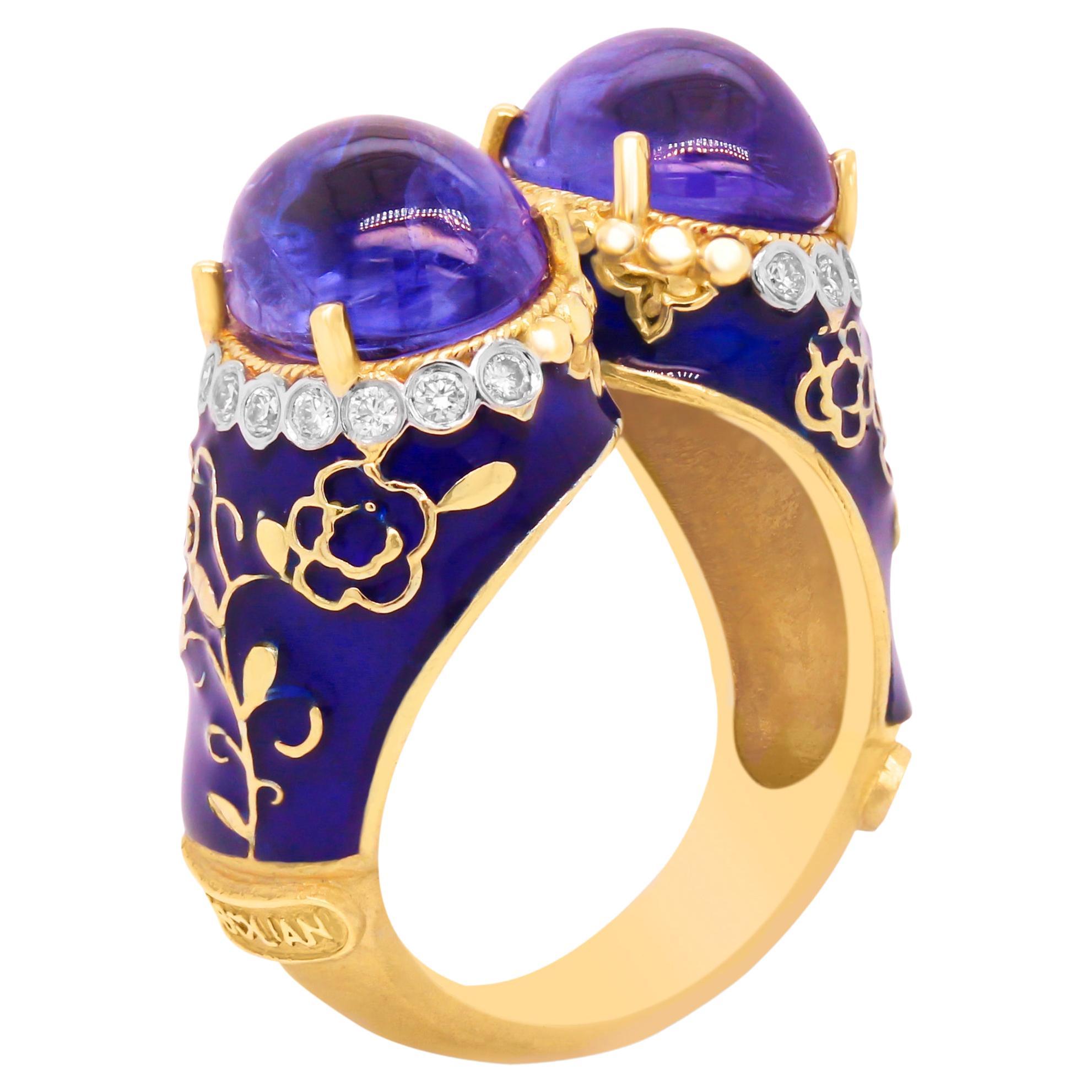 Stambolian 18K Gold and Diamonds Cobalt Blue Enamel Two Cabochon Tanzanites Ring For Sale