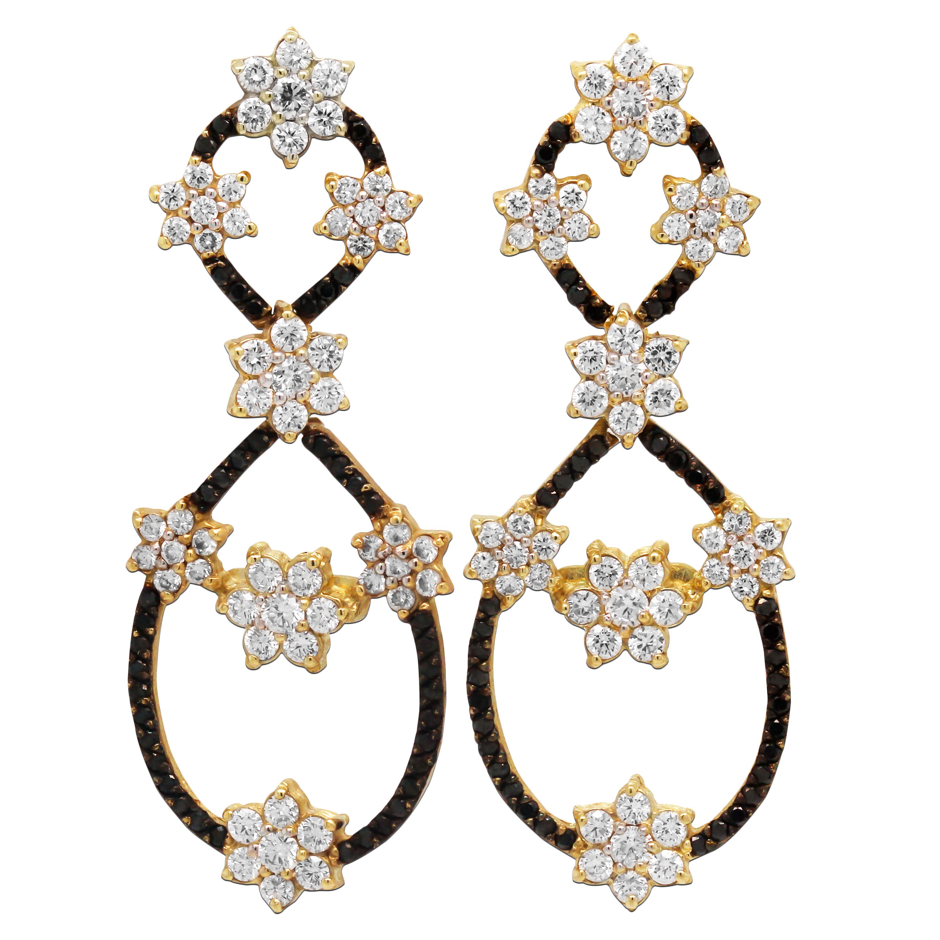 Round Cut Stambolian 18K Gold Black White Diamond Floral Clusters Drop Dangle Earrings For Sale