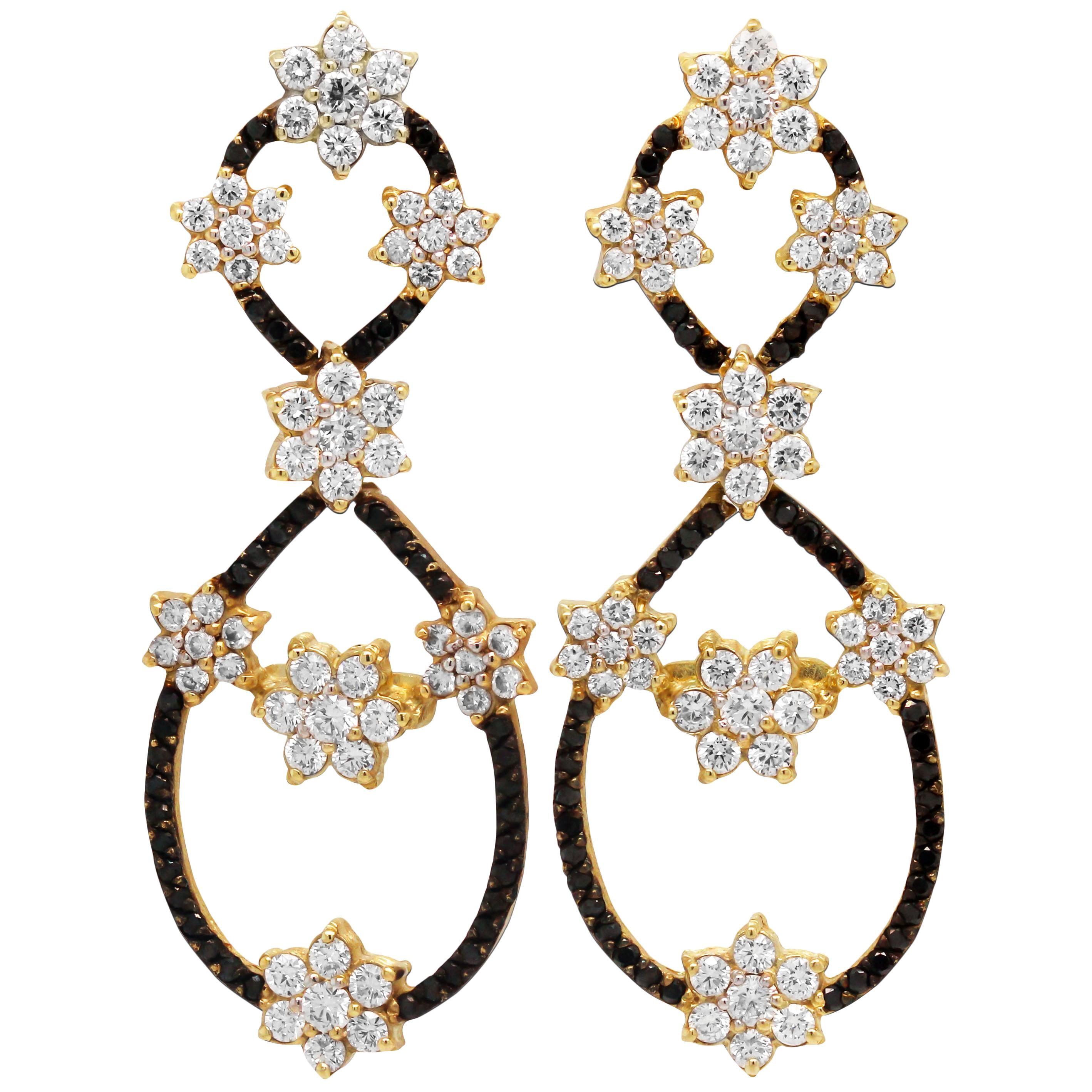 Stambolian 18K Gold Black White Diamond Floral Clusters Drop Dangle Earrings For Sale
