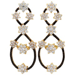 Stambolian 18K Gold Black White Diamond Floral Clusters Drop Dangle Earrings