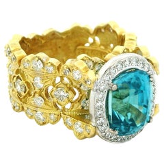 Stambolian 18K Gold Blue Zircon and Diamond Cocktail Ring with Hidden Diamond
