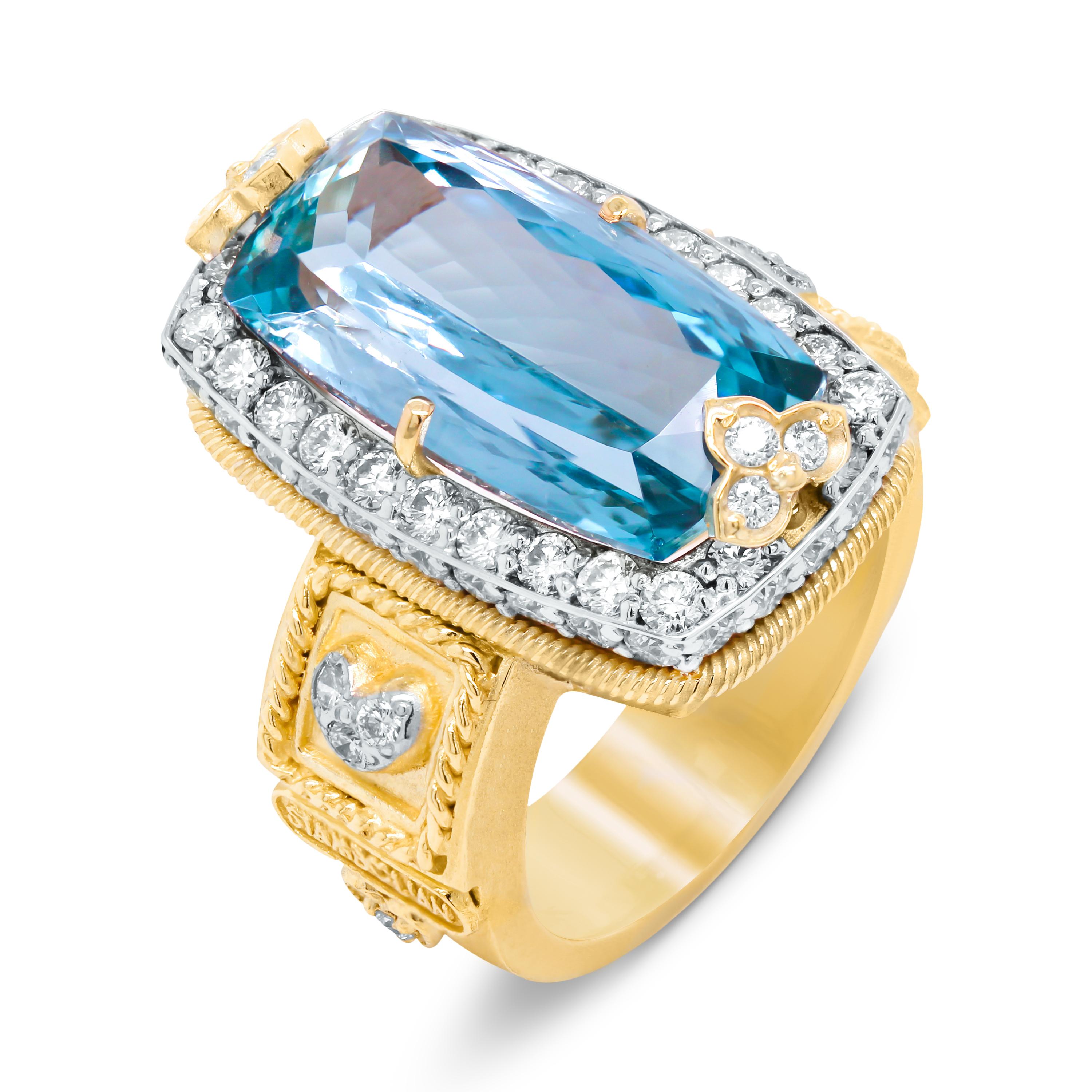 Stambolian 18K Gold Diamond 8.42 Carat Emerald Cut Aquamarine Center Ring

A one-of-a-kind ring featuring a breathtaking 8.42 carat rectangular, emerald-cut Aquamarine center

This stunning ring is crafted in solid 18k green gold with two gold and