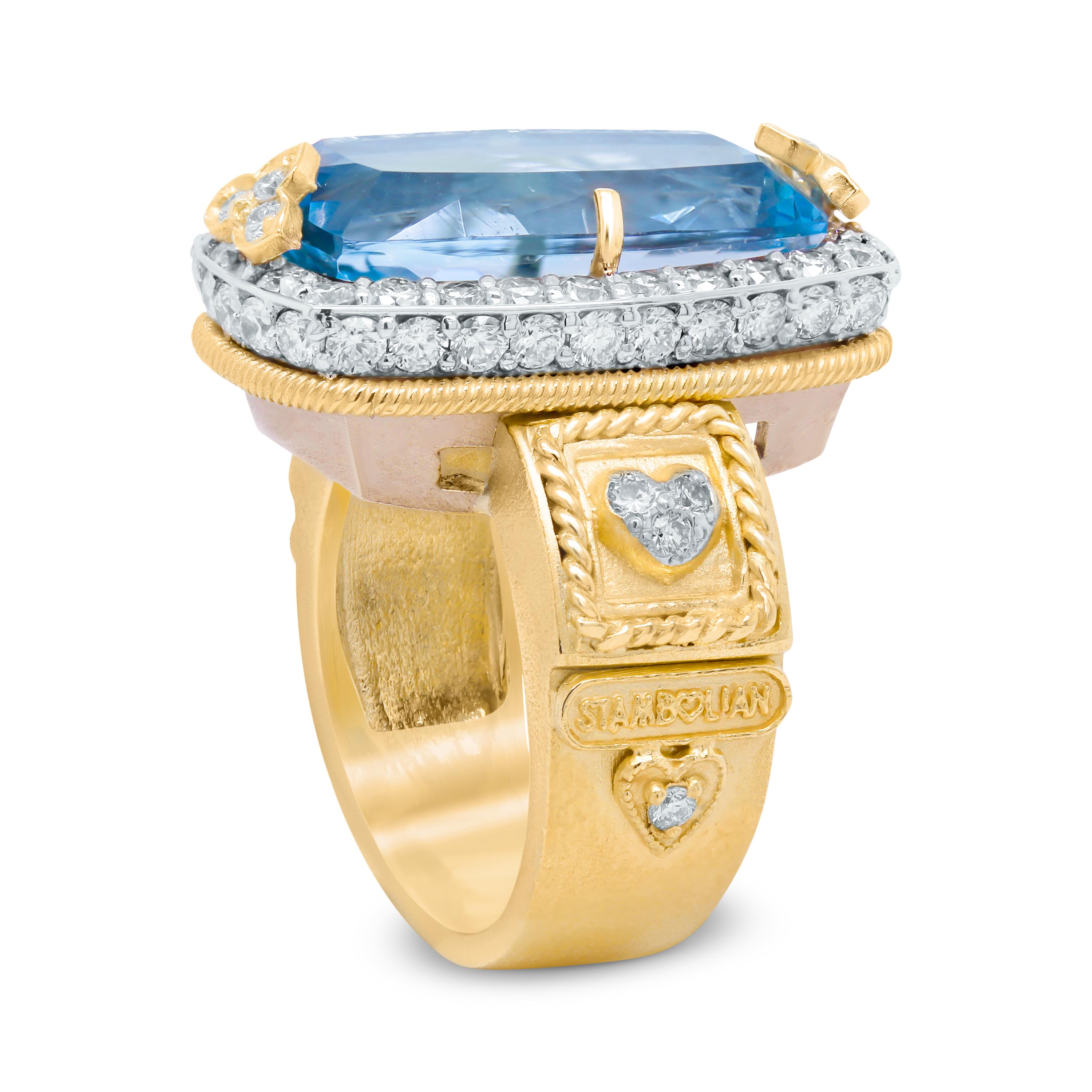 Modern Stambolian 18K Gold Diamond 8.42 Carat Emerald Cut Aquamarine Center Ring For Sale