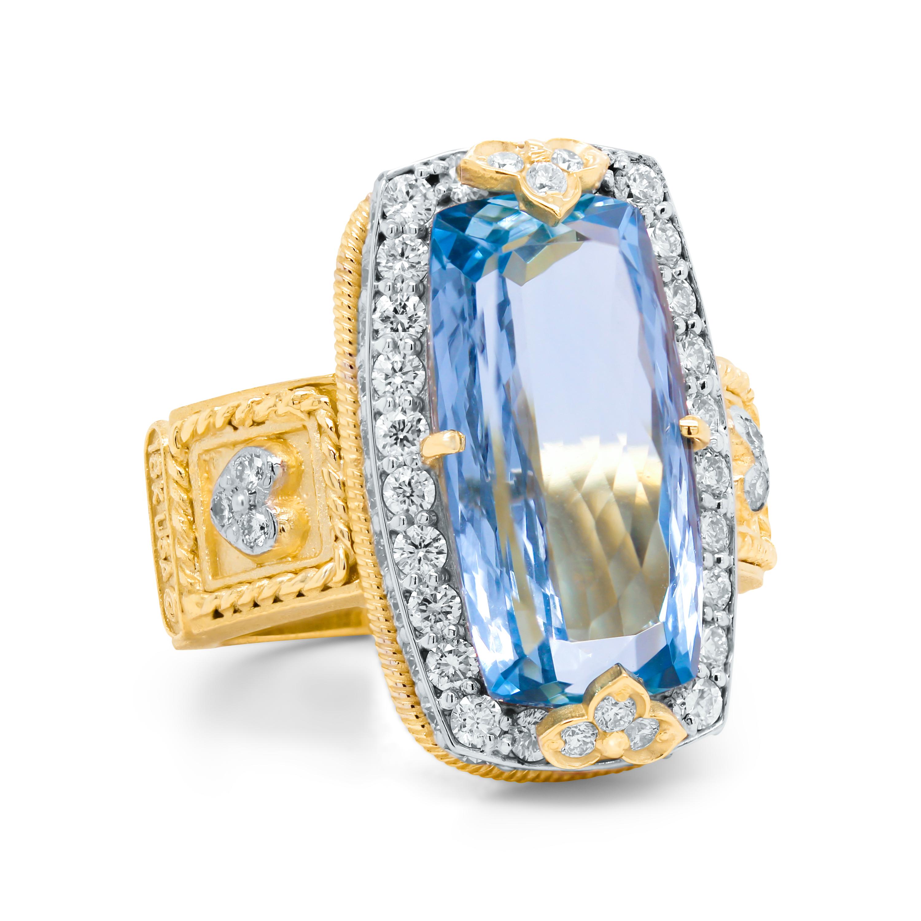 Stambolian 18K Gold Diamond 8.42 Carat Emerald Cut Aquamarine Center Ring In New Condition For Sale In Boca Raton, FL