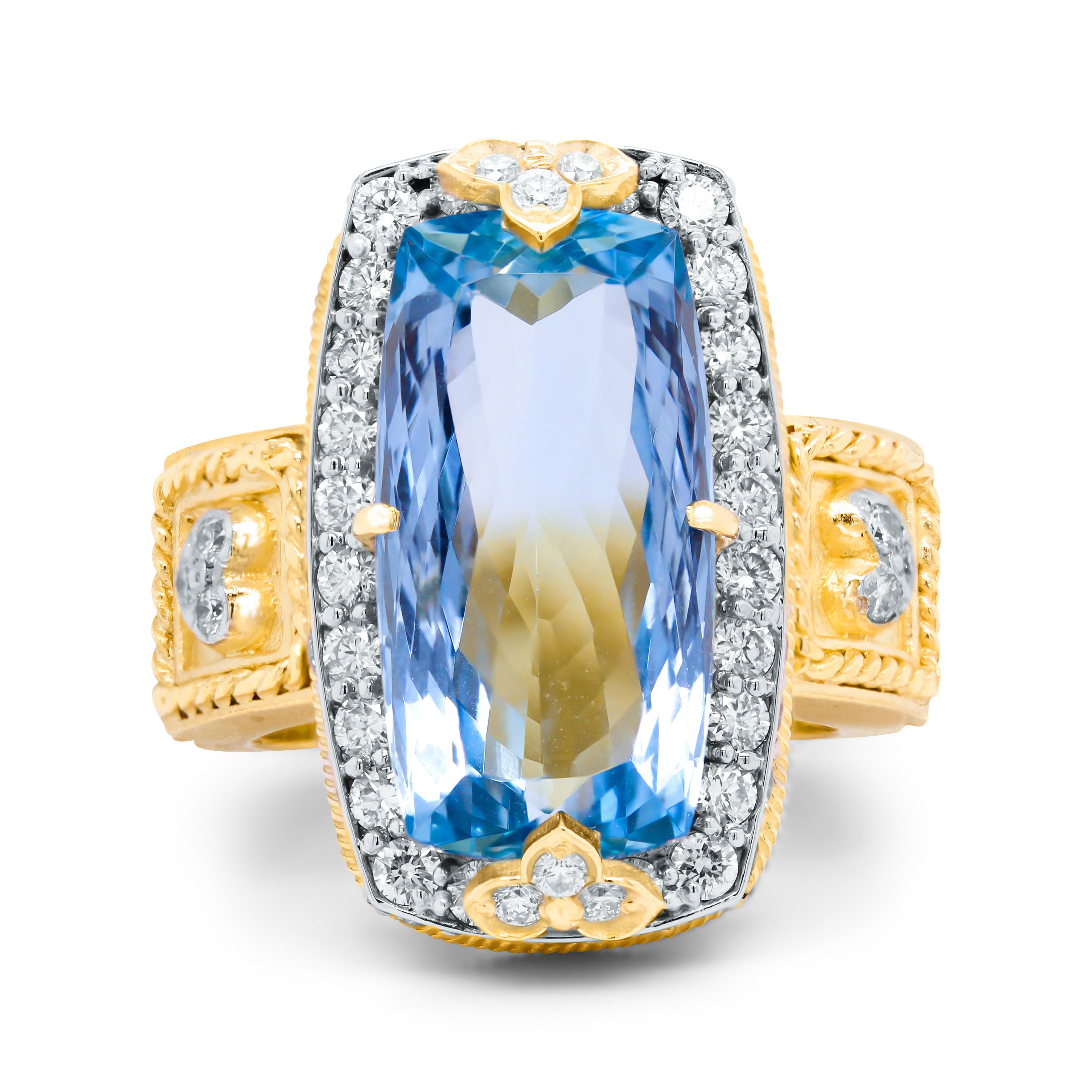 Women's Stambolian 18K Gold Diamond 8.42 Carat Emerald Cut Aquamarine Center Ring For Sale