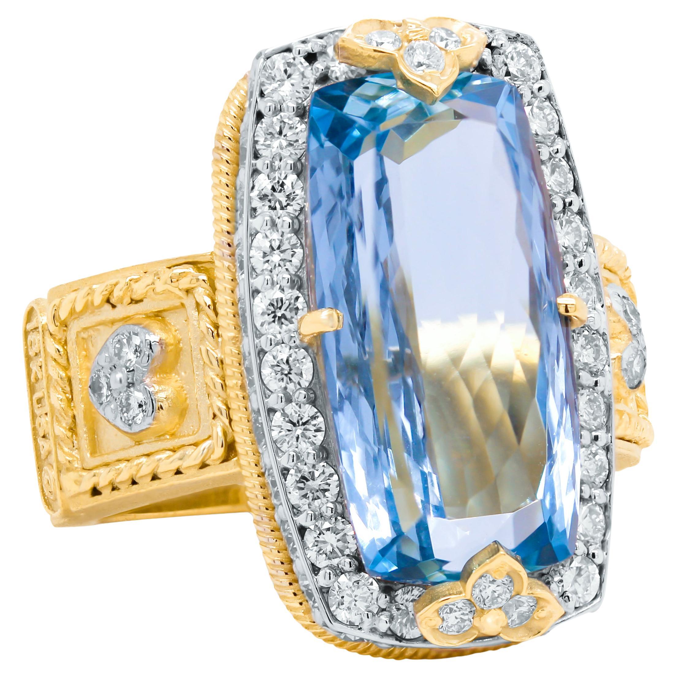 Stambolian 18K Gold Diamond 8.42 Carat Emerald Cut Aquamarine Center Ring For Sale