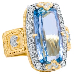 Stambolian 18K Gold Diamond 8.42 Carat Emerald Cut Aquamarine Center Ring