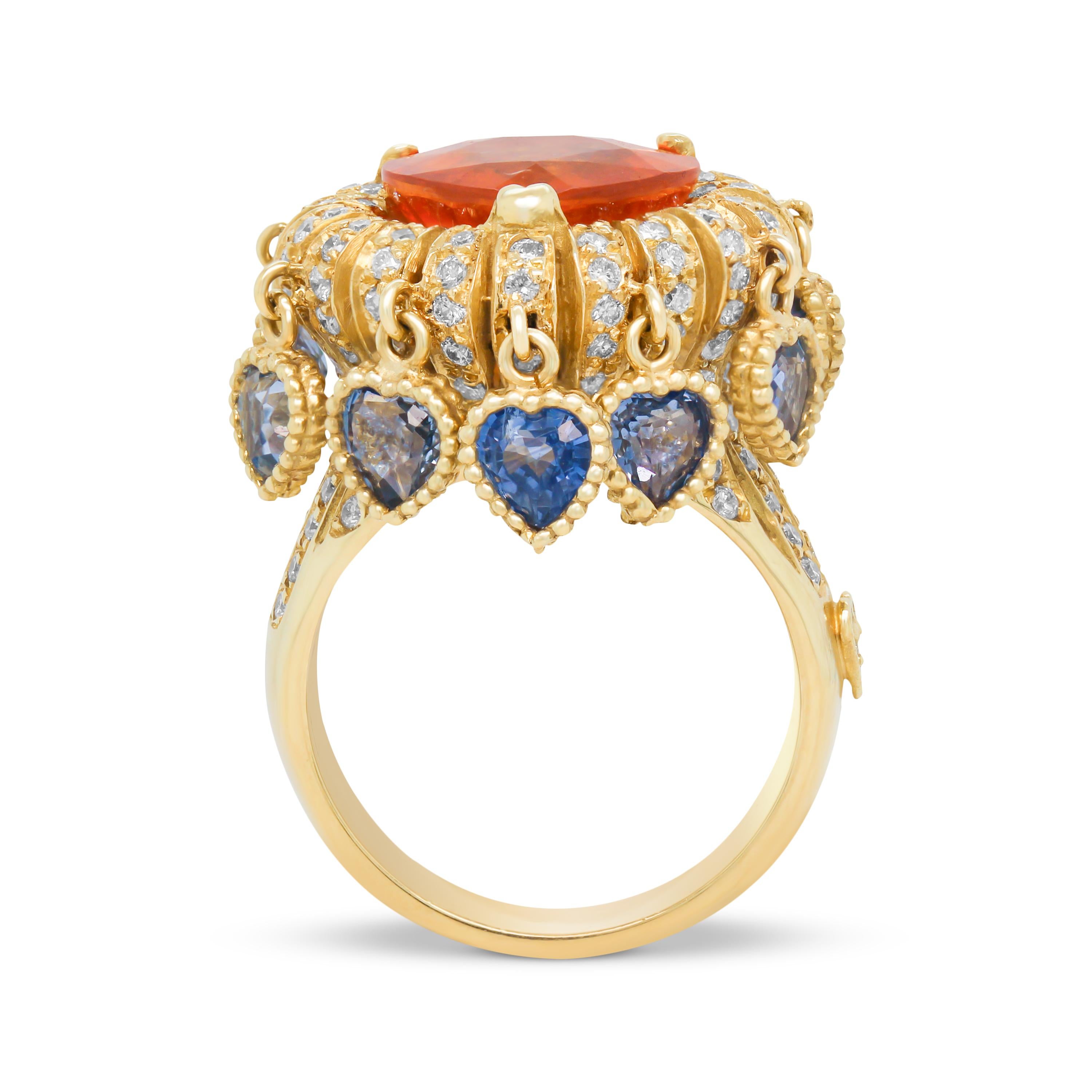 Stambolian Ring aus 18 Karat Gold mit herzförmigem Spessartit, Granat, blauen Saphiren und Saphiren in Herzform (Moderne)