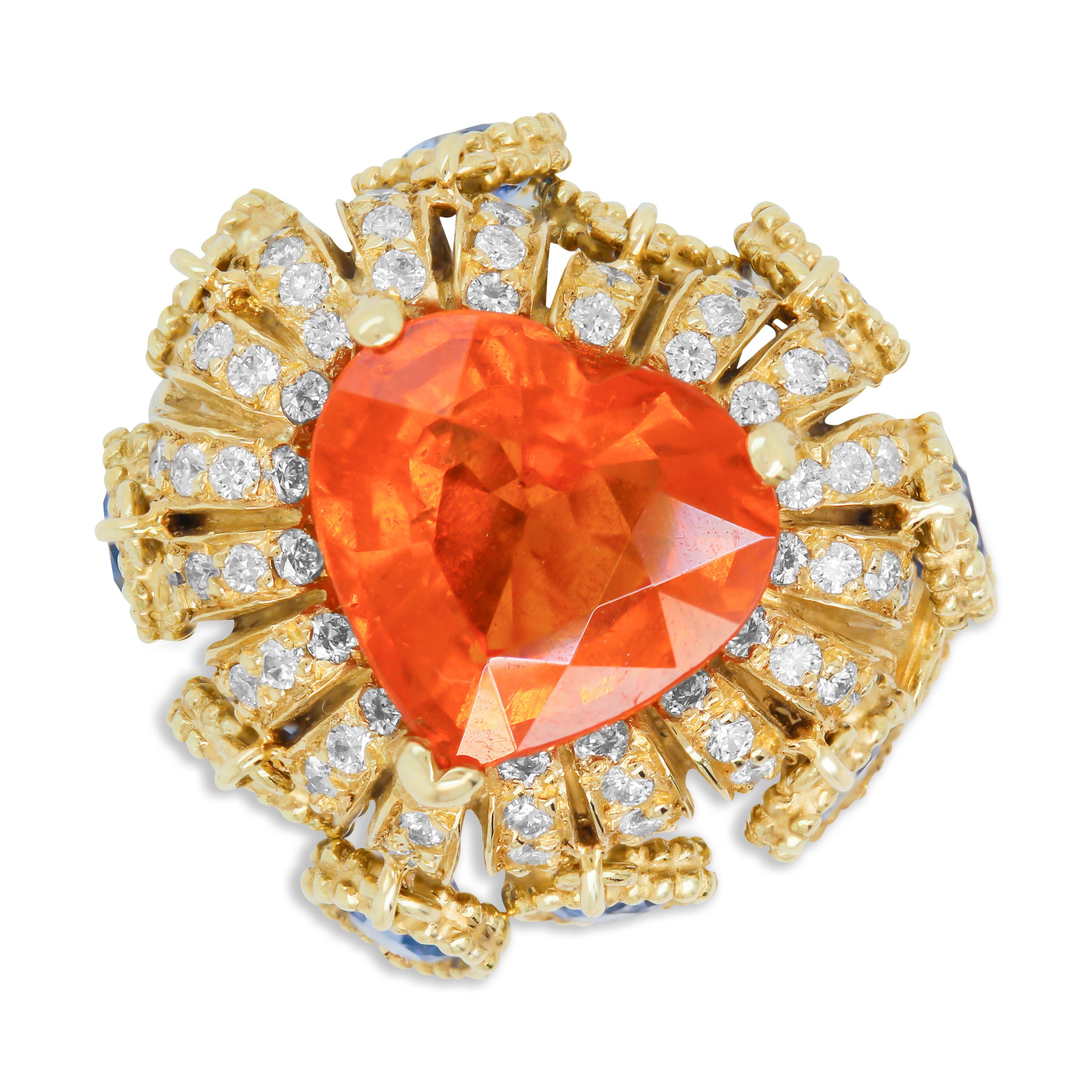 Stambolian Ring aus 18 Karat Gold mit herzförmigem Spessartit, Granat, blauen Saphiren und Saphiren in Herzform (Herzschliff)