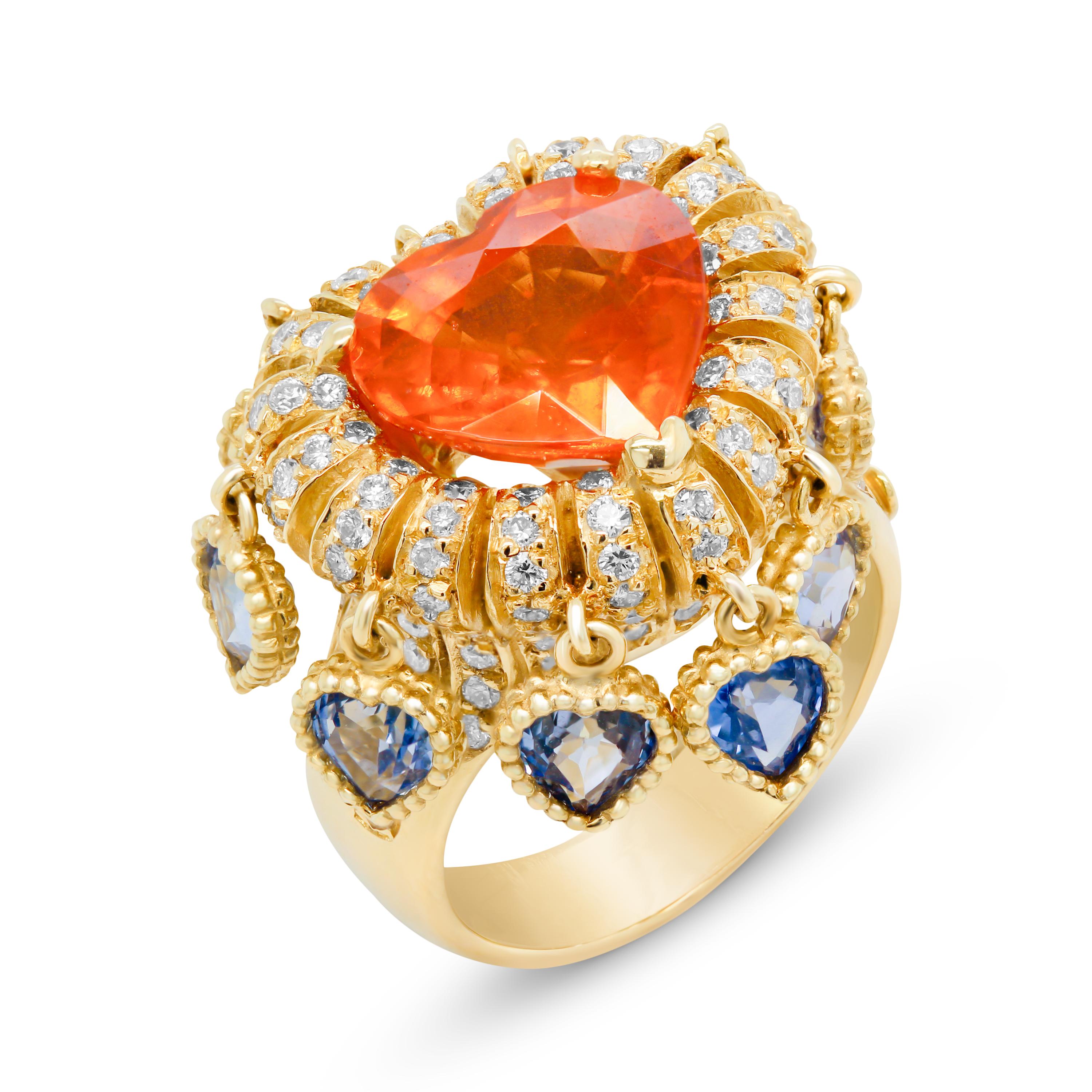 Stambolian Ring aus 18 Karat Gold mit herzförmigem Spessartit, Granat, blauen Saphiren und Saphiren in Herzform Damen