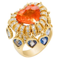 Stambolian 18K Gold Diamond Heart Shape Spessartite Garnet Blue Sapphires Ring