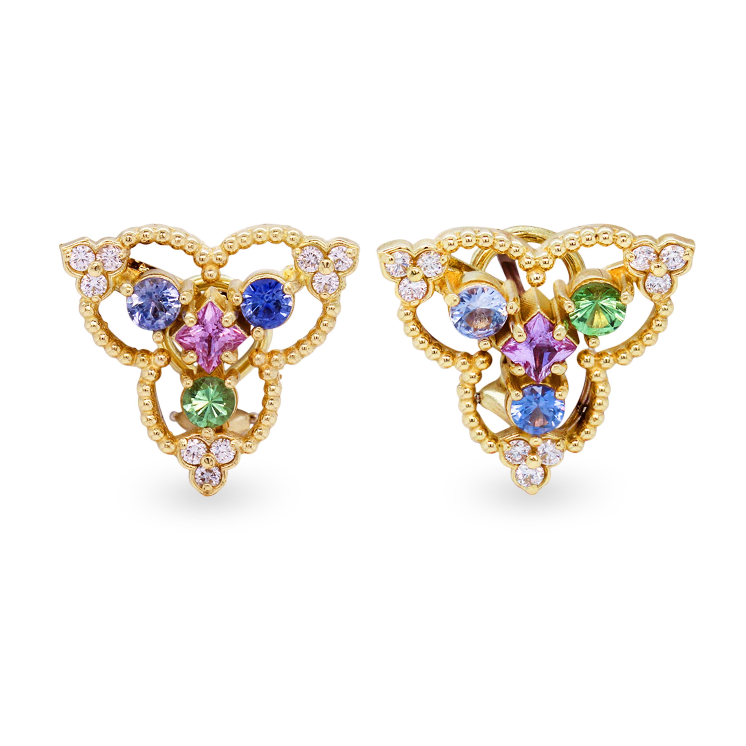 Contemporary Stambolian 18k Gold Diamond Multi Color Sapphire Floral Motif Drop Earrings