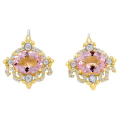 Orecchini a leva in oro 18 carati con diamanti e Morganite ovale