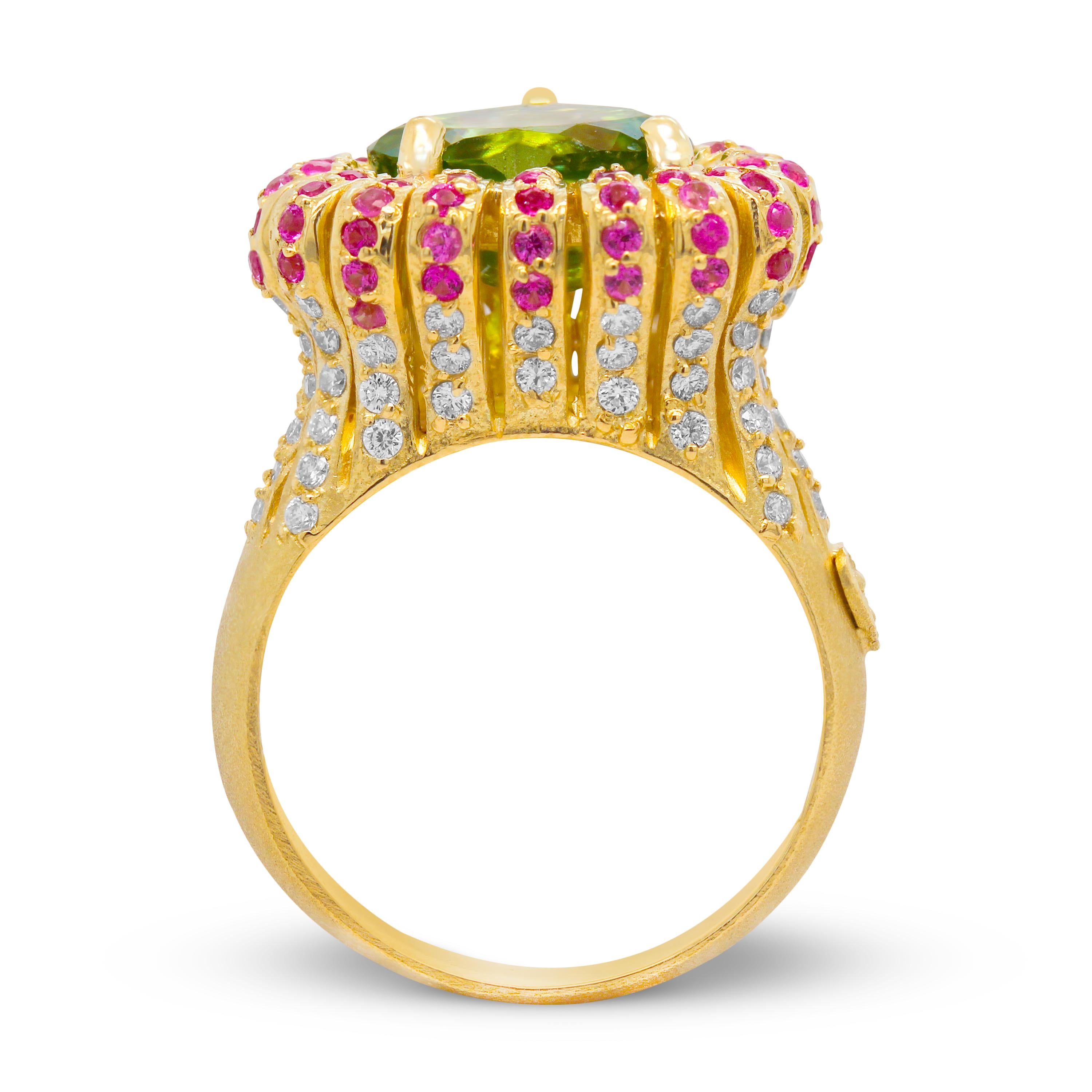 Modern Stambolian 18K Gold Diamond Pink Sapphires and Heart Shape Peridot Cocktail Ring
