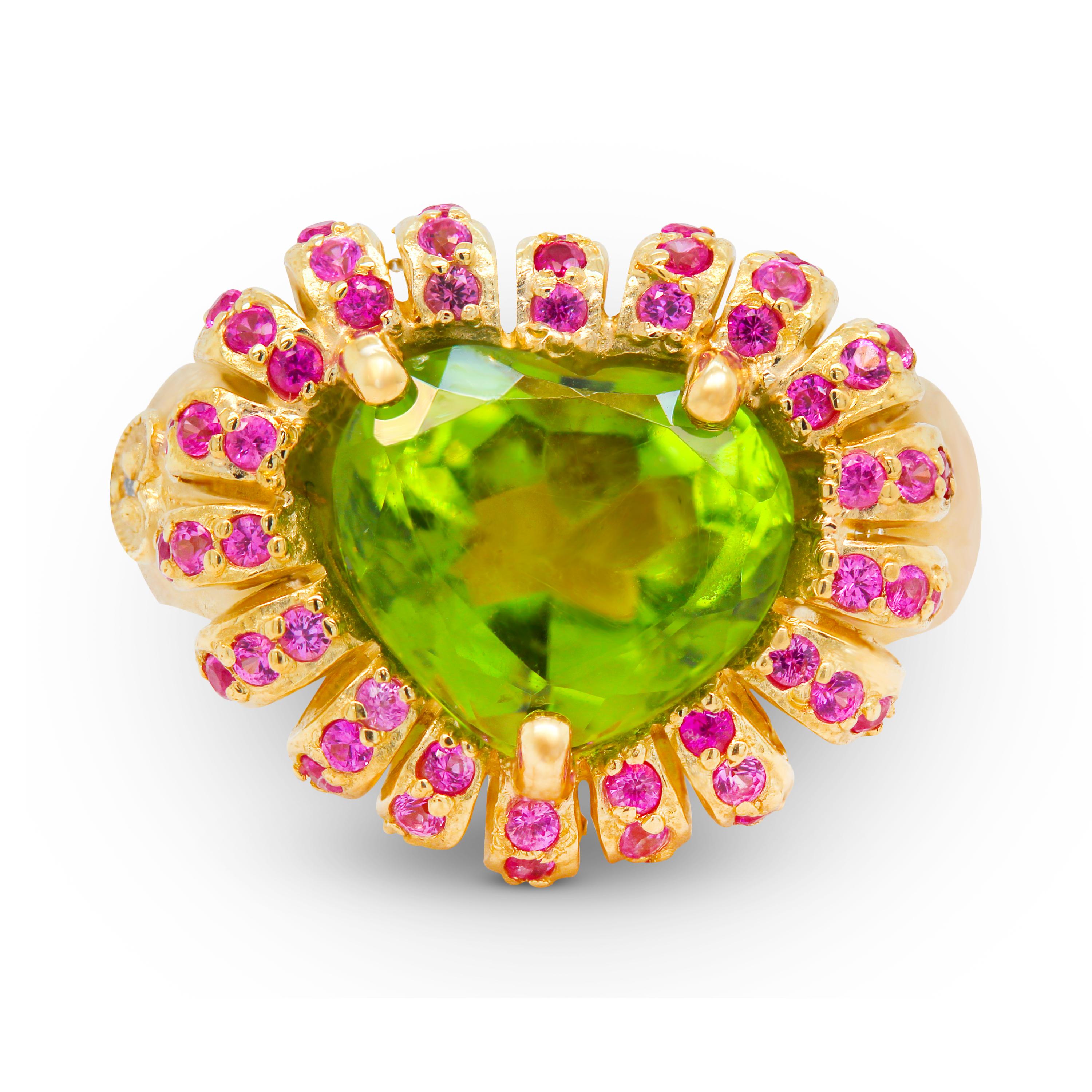 Stambolian 18K Gold Diamond Pink Sapphires and Heart Shape Peridot Cocktail Ring In New Condition In Boca Raton, FL