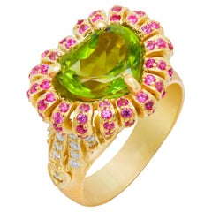 Stambolian 18K Gold Diamond Pink Sapphires and Heart Shape Peridot Cocktail Ring