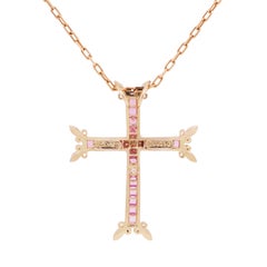 Stambolian 18K Gold Diamond Princess Cut Pink Sapphires Cross Pendant Necklace