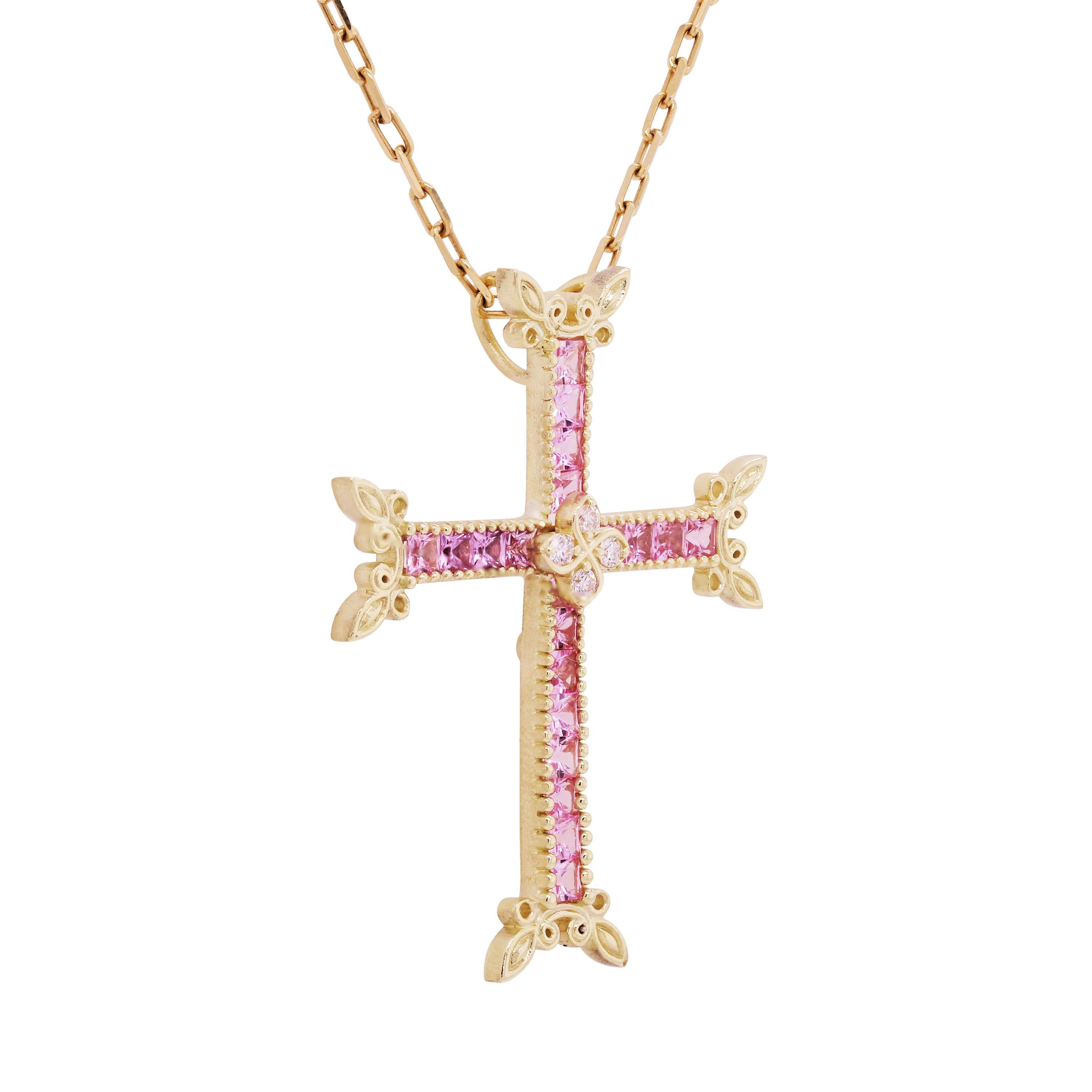 Stambolian 18K Gold Diamond Princess Cut Pink Sapphires Cross Pendant Necklace In New Condition For Sale In Boca Raton, FL