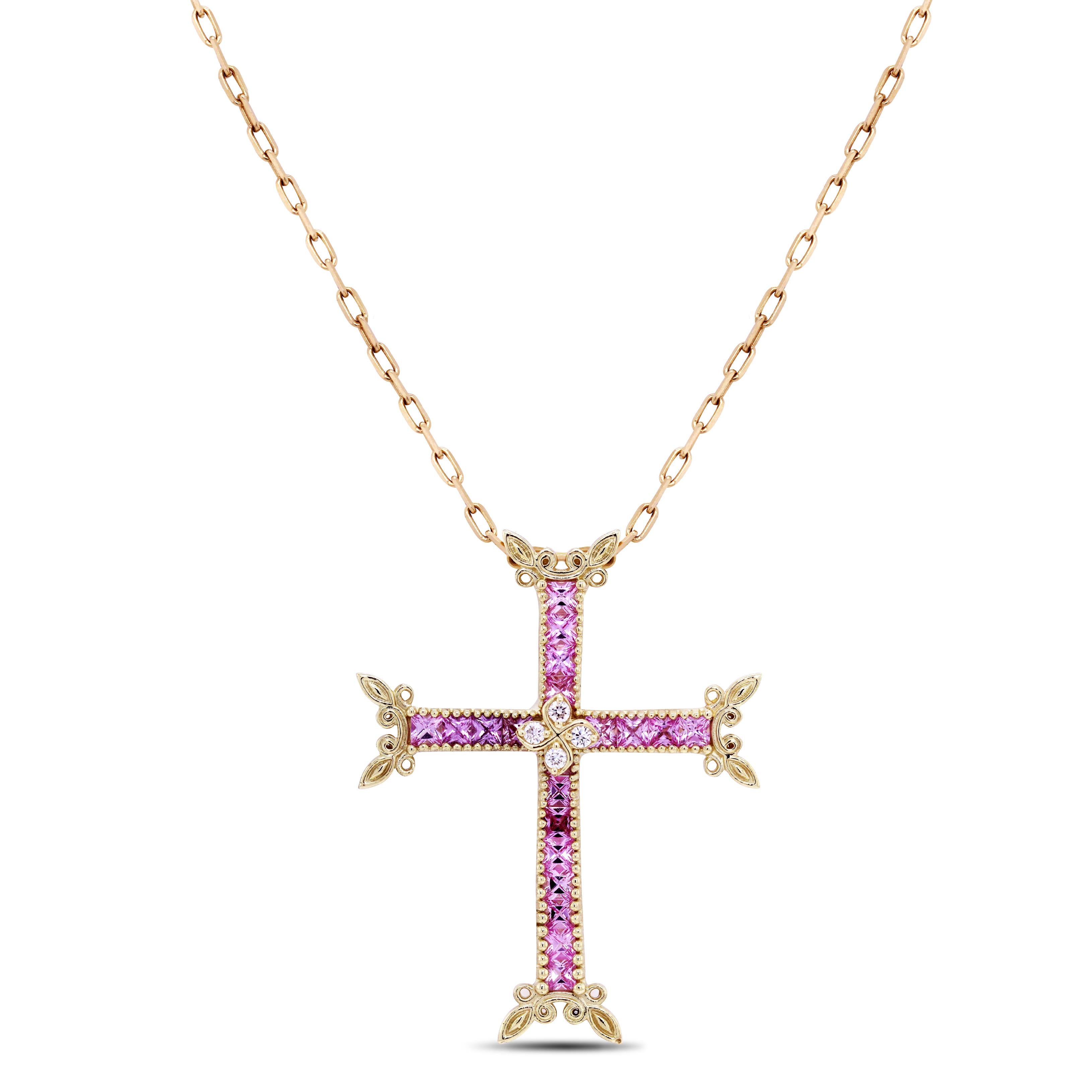 Women's Stambolian 18K Gold Diamond Princess Cut Pink Sapphires Cross Pendant Necklace For Sale