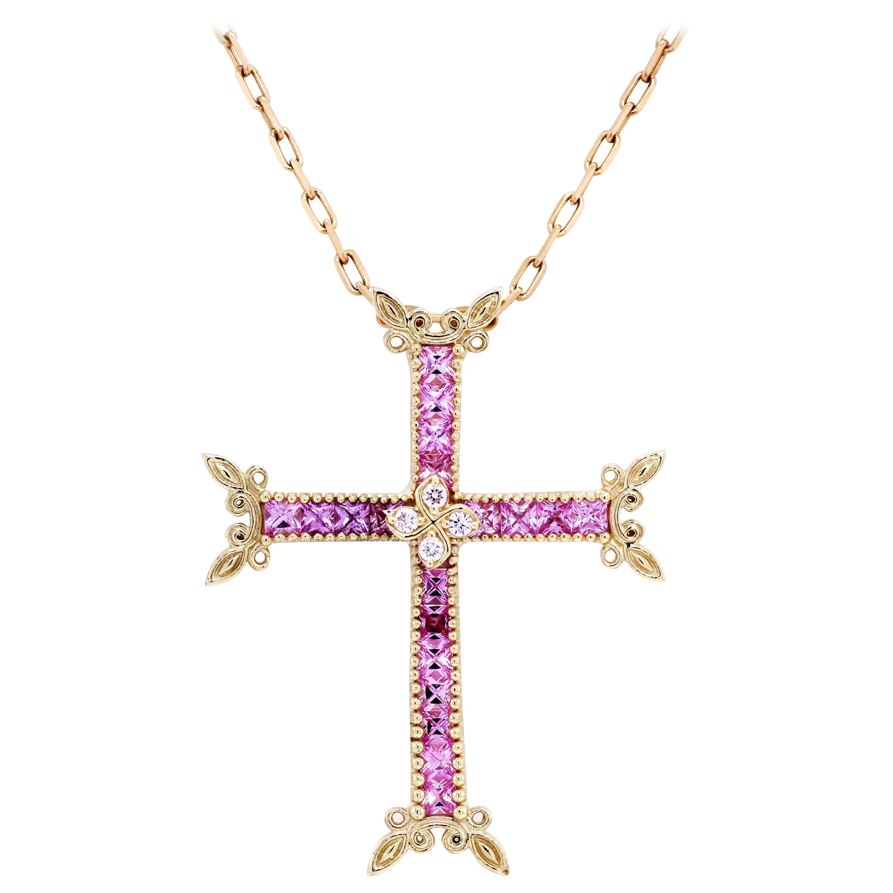 Stambolian 18K Gold Diamond Princess Cut Pink Sapphires Cross Pendant Necklace For Sale
