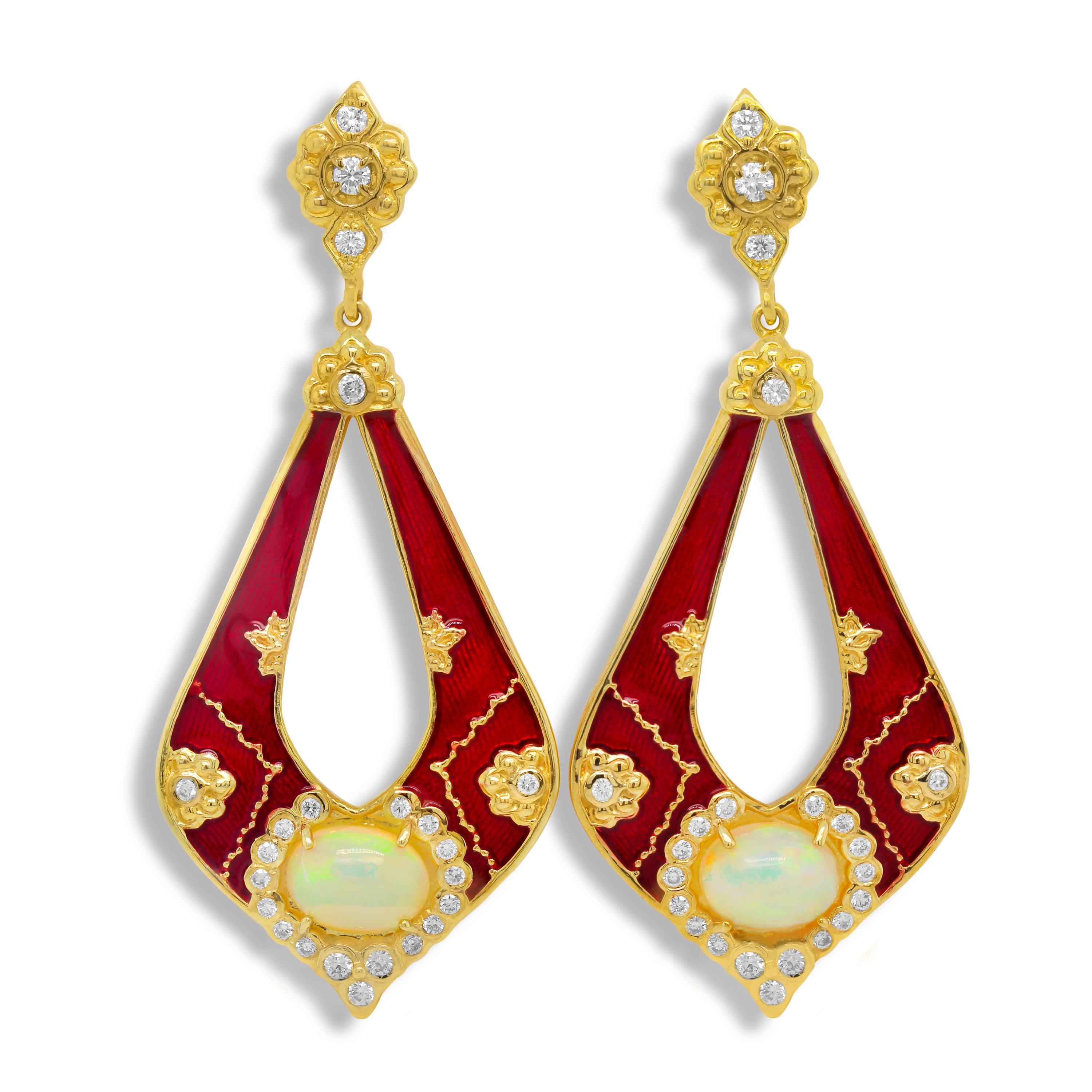 Oval Cut Stambolian 18K Gold Diamond Red Enamel Ethiopian Opal Colors of Life Earrings For Sale