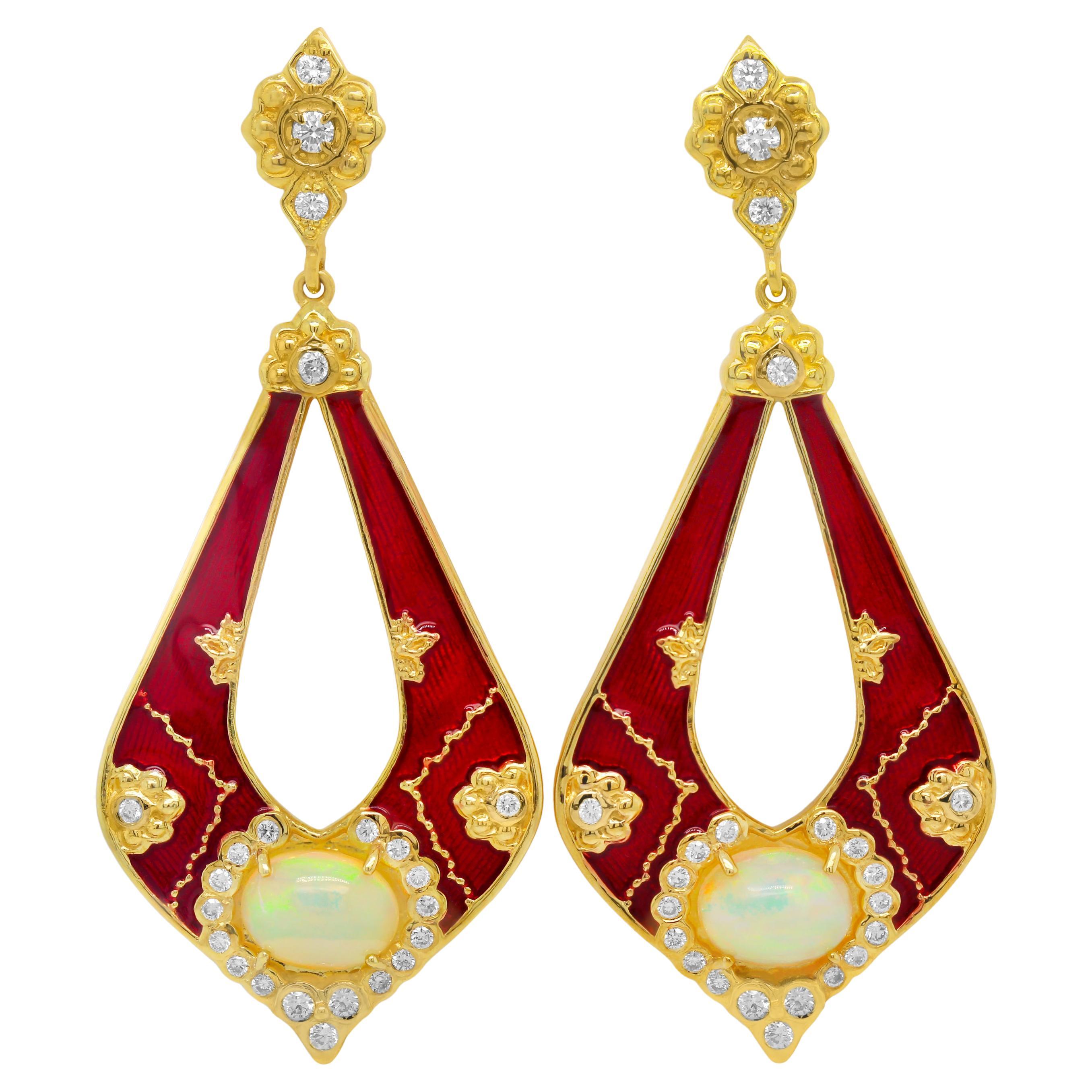 Stambolian 18K Gold Diamond Red Enamel Ethiopian Opal Colors of Life Earrings For Sale