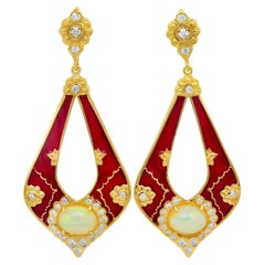 Stambolian 18K Gold Diamond Red Enamel Ethiopian Opal Colors of Life Earrings