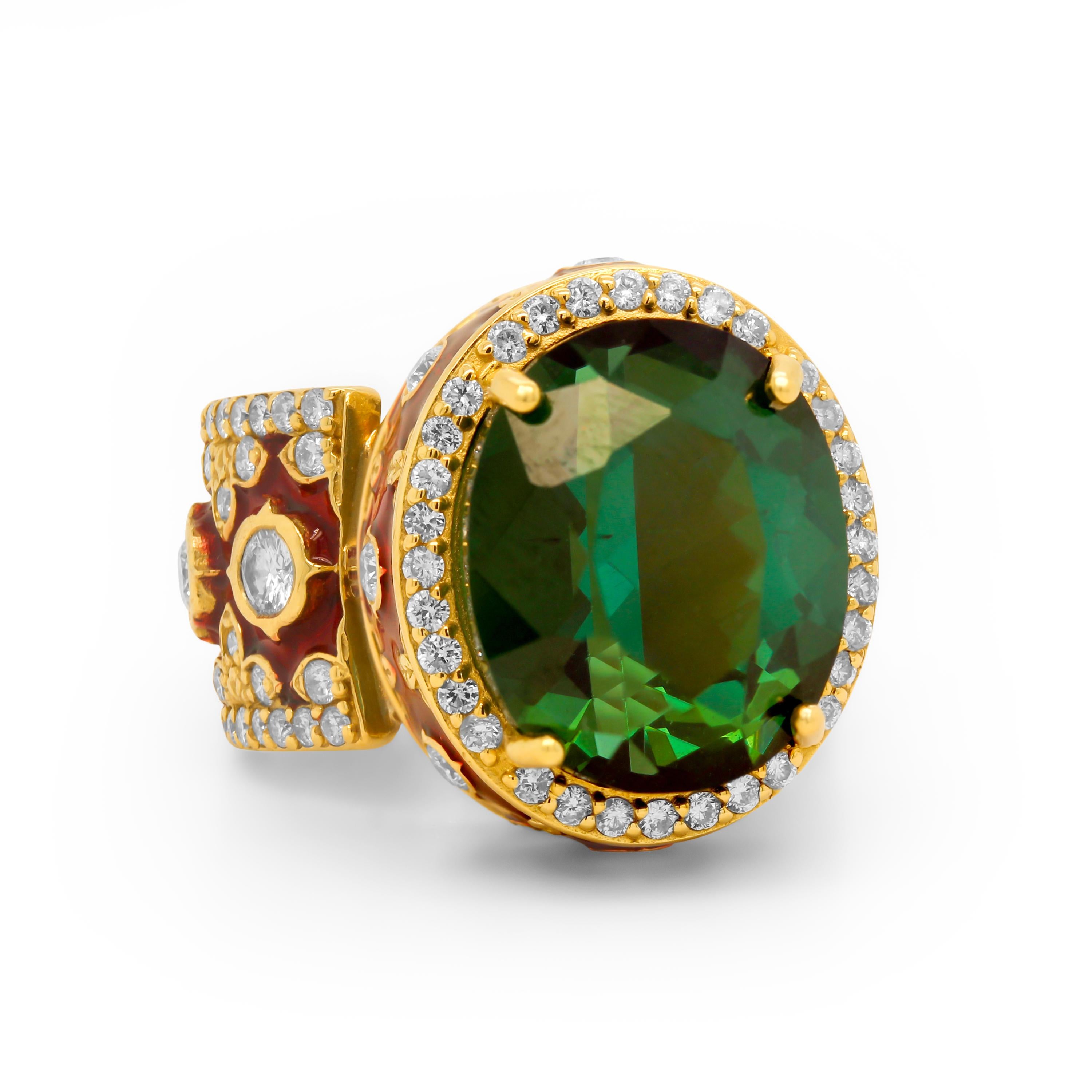 Stambolian 18K Gold Diamond Red Enamel Green Tourmaline Center Cocktail Ring

This one-of-a-kind ring by Stambolian features a gorgeous, oval-cut, Green Tourmaline center. The ring is made in solid 18k yellow gold with red enamel.

11.33 carat Green