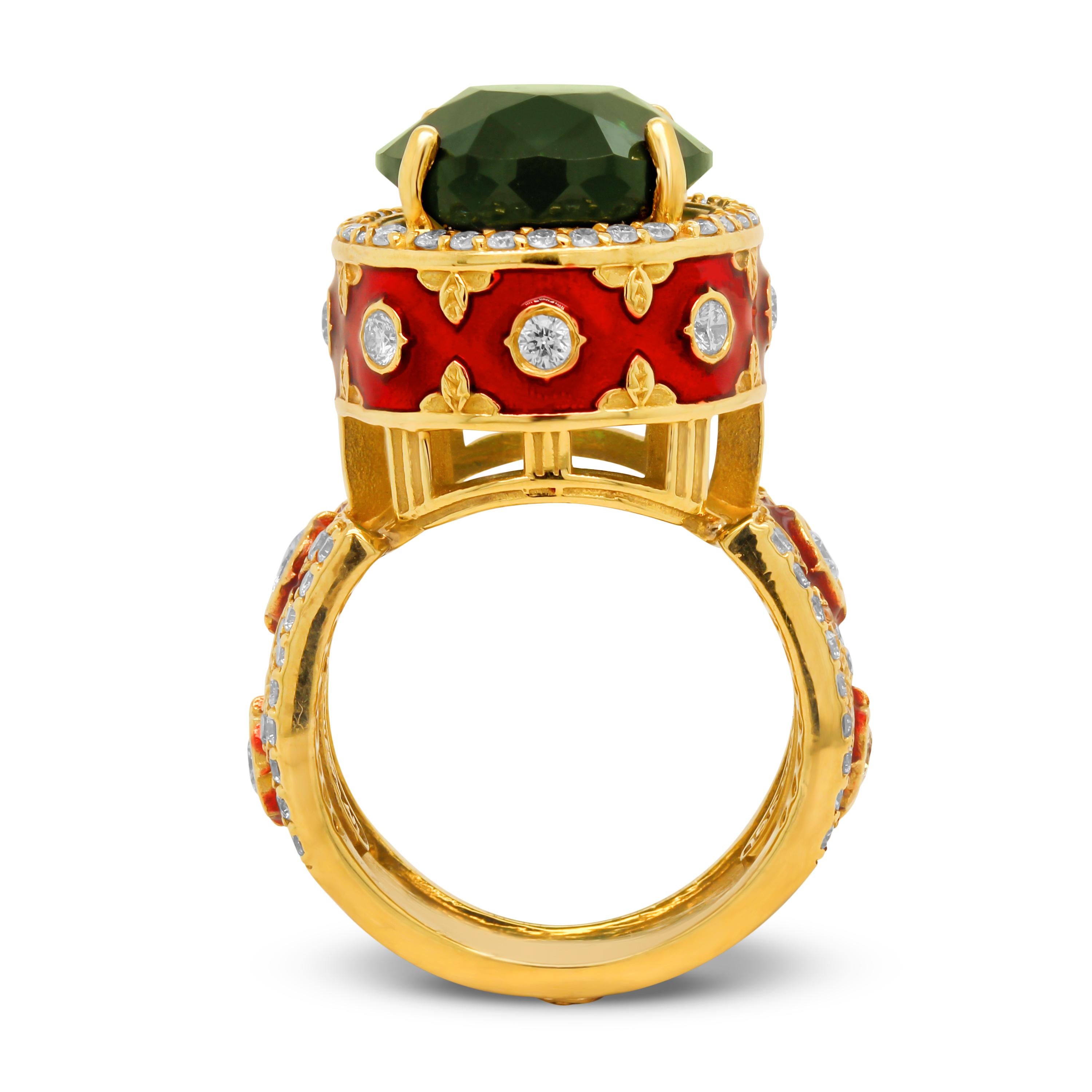 Modern Stambolian 18K Gold Diamond Red Enamel Green Tourmaline Center Cocktail Ring
