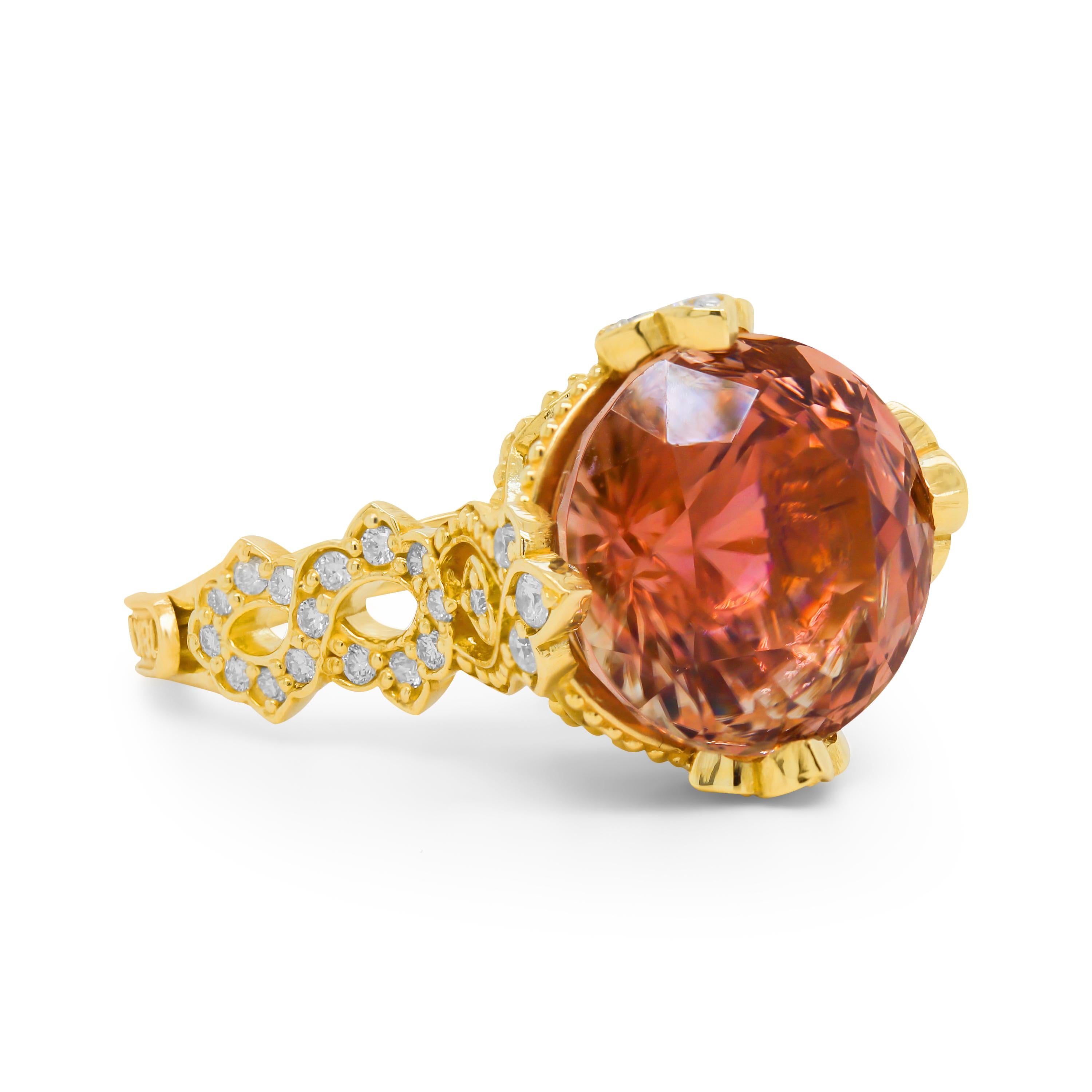 Stambolian 18K Gold Diamonds Color Changing Red Orange Pink Tourmaline Ring

A one-of-a-kind ring featuring a round, color-changing Tourmaline center with hints of red, orange, and pinks. Ring is handmade in solid 18k green gold and features