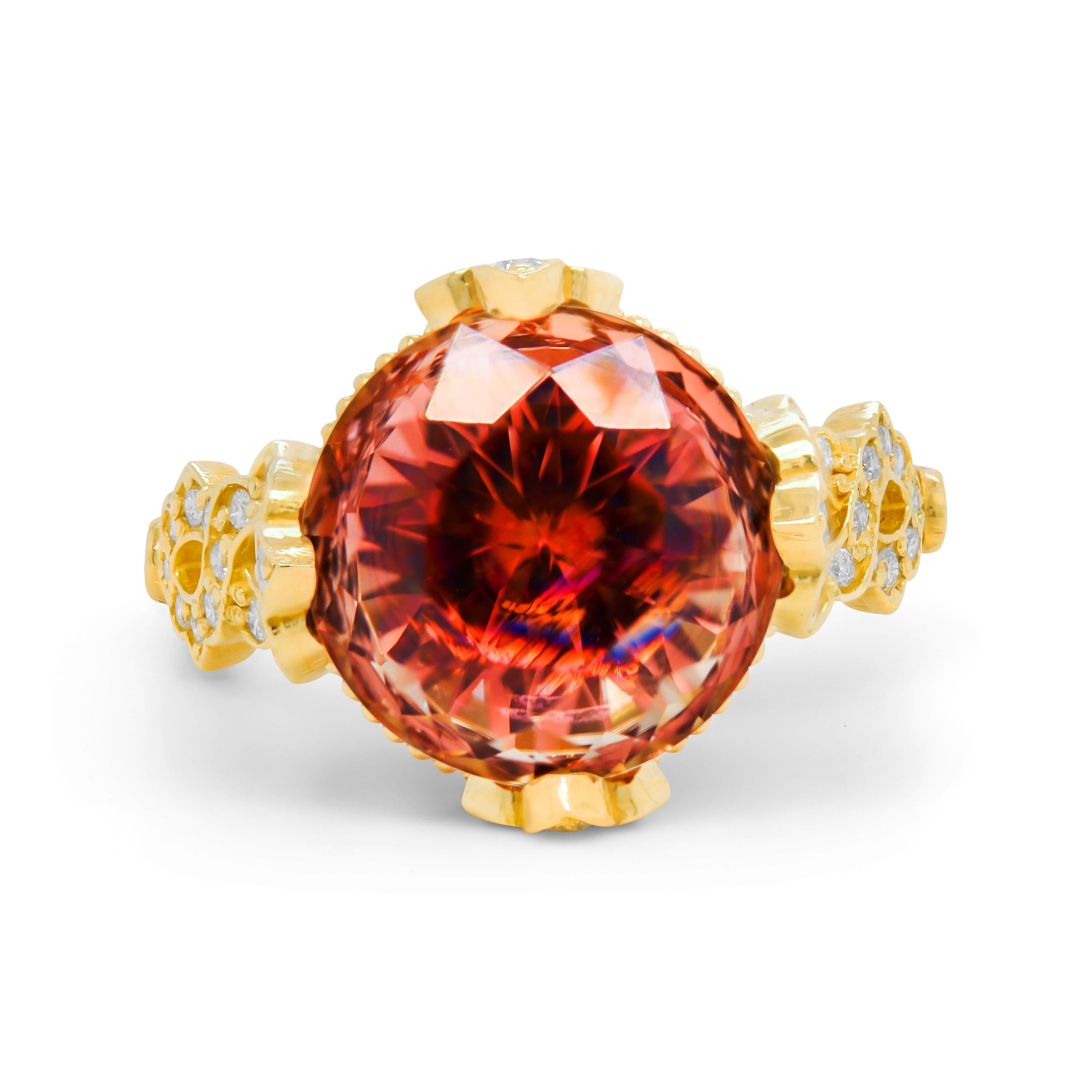 Contemporary Stambolian 18K Gold Diamonds Color Changing Red Orange Pink Tourmaline Ring