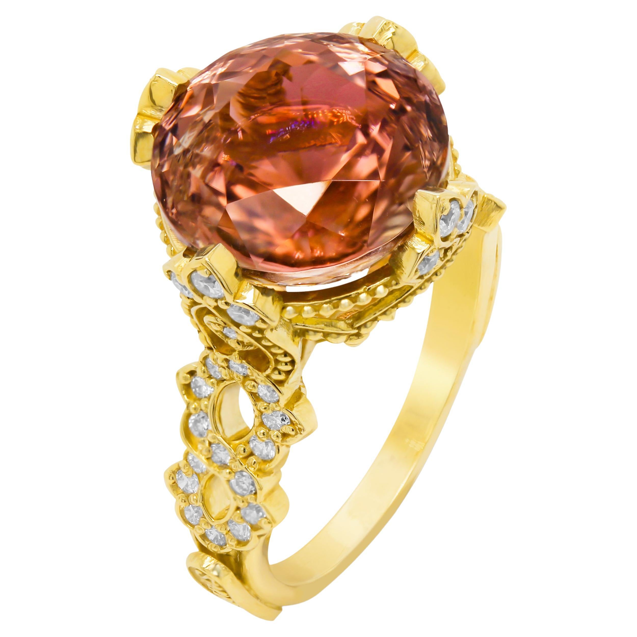 Stambolian 18K Gold Diamonds Color Changing Red Orange Pink Tourmaline Ring