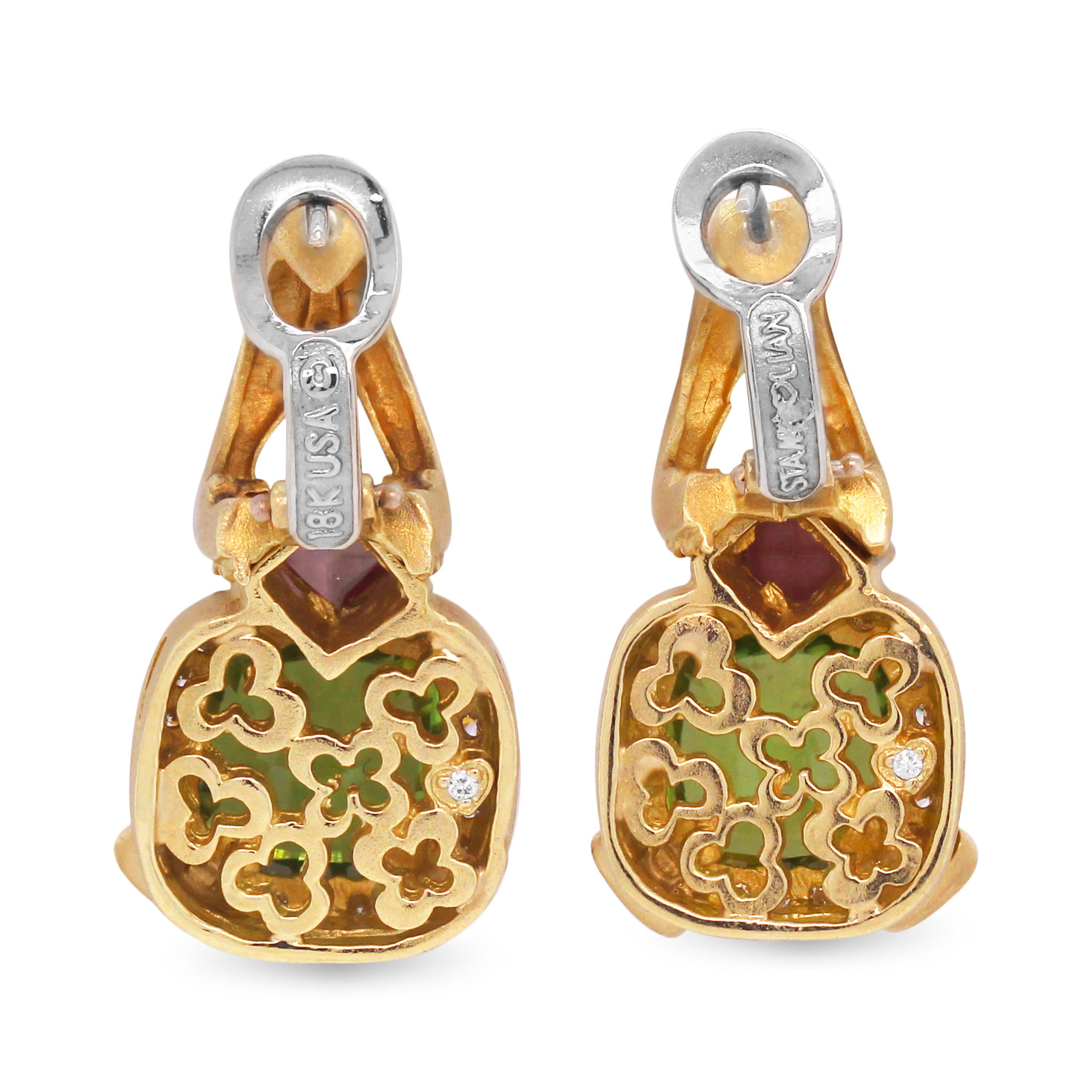 Tropfen-Ohrhänger aus 18 Karat Gold mit Diamanten, Peridot und rosa Saphiren von Stambolian (Zeitgenössisch) im Angebot