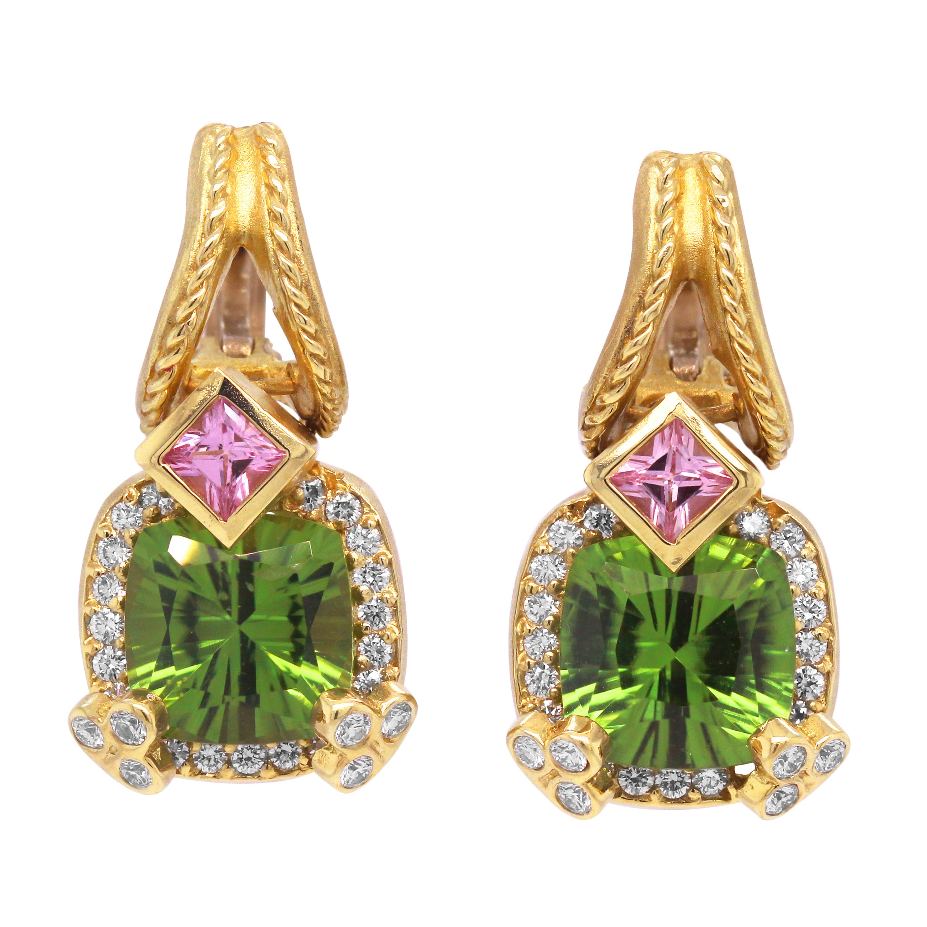 Cushion Cut Stambolian 18K Gold Diamonds Peridot and Pink Sapphire Drop Dangle Earrings For Sale