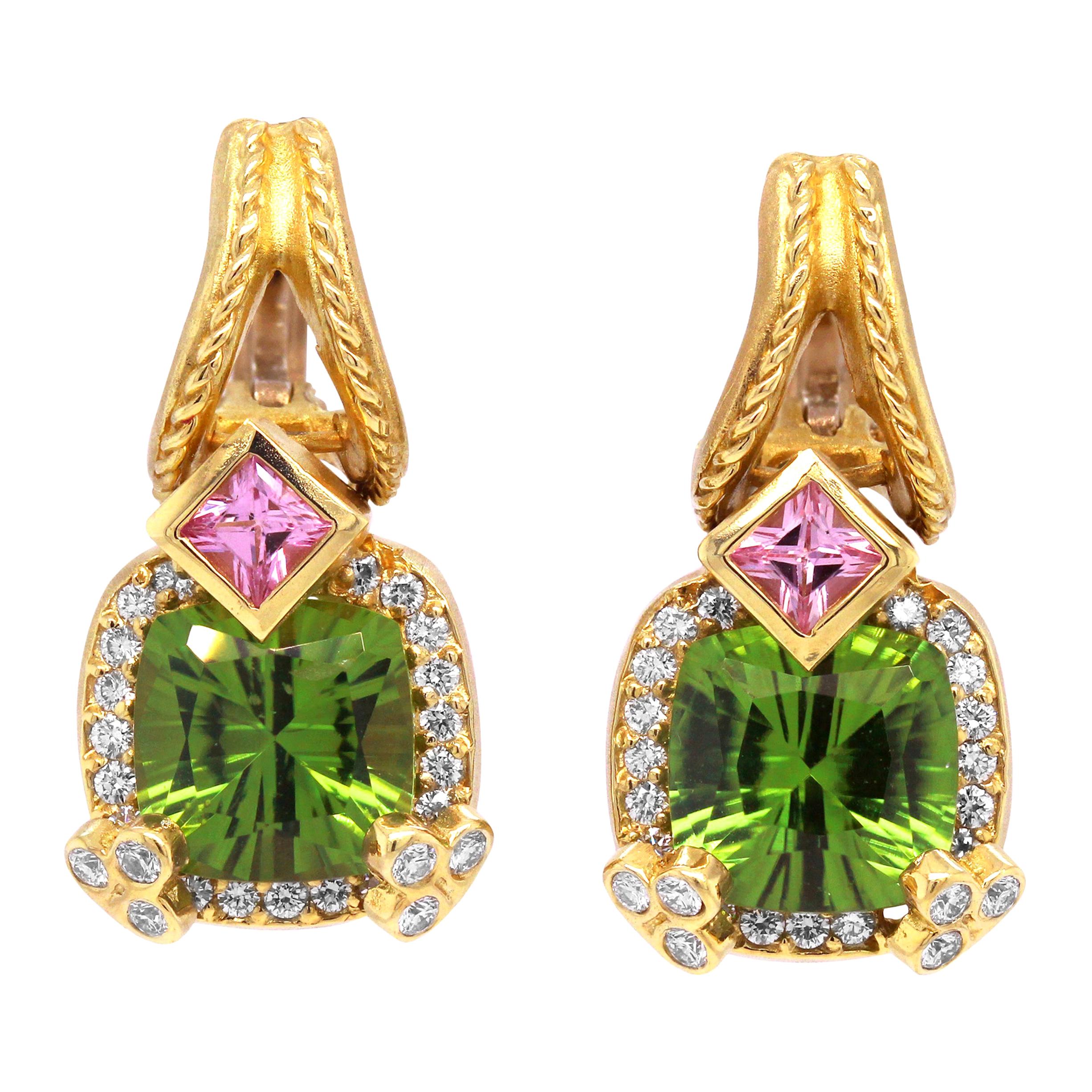 Stambolian 18K Gold Diamonds Peridot and Pink Sapphire Drop Dangle Earrings For Sale