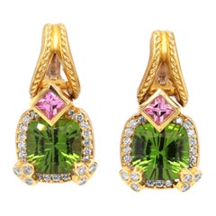 Stambolian 18K Gold Diamonds Peridot and Pink Sapphire Drop Dangle Earrings