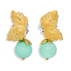 Stambolian 18K Gold Diamonds Pink Sapphires Chrysoprase Floral Drop Earrings