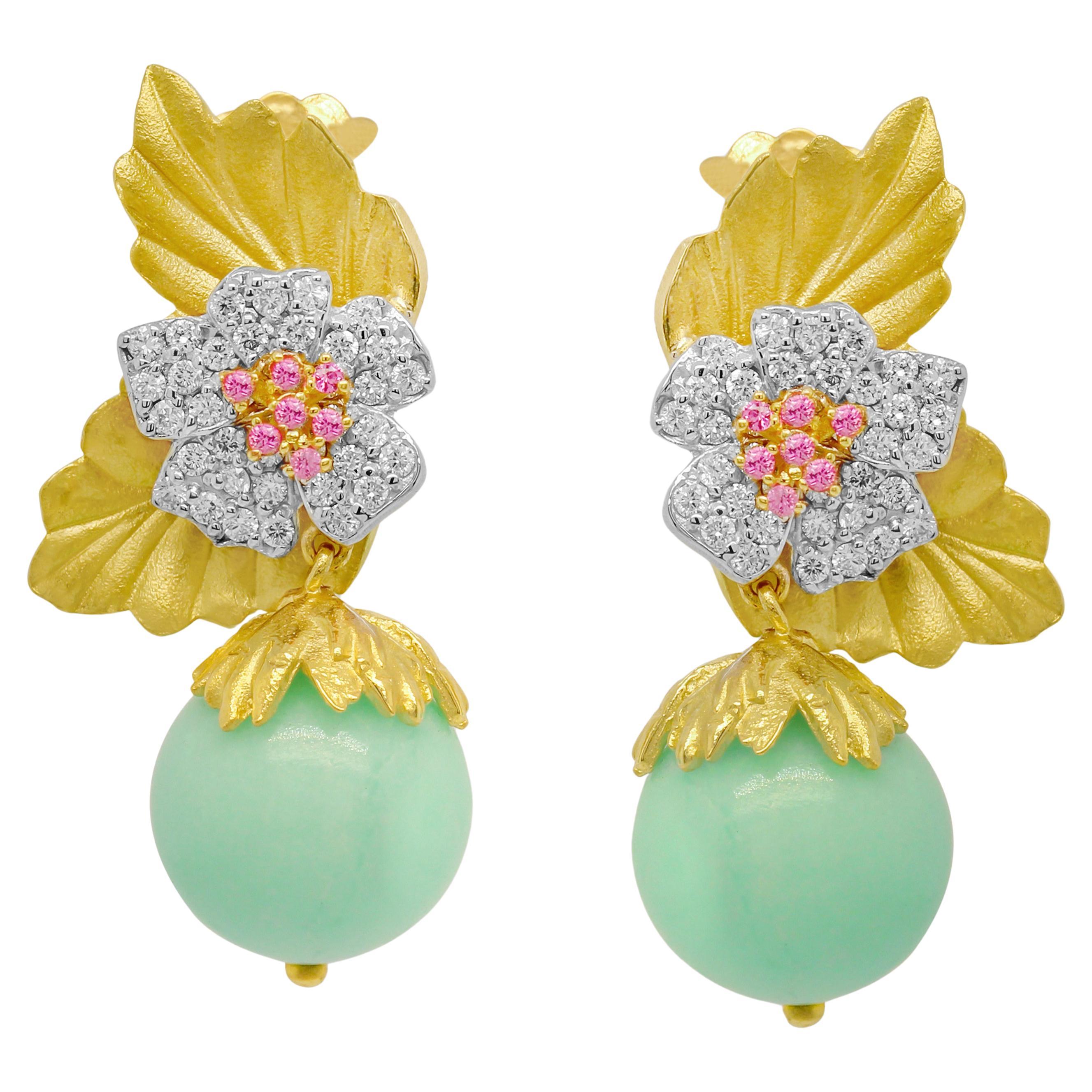 Stambolian 18K Gold Diamonds Pink Sapphires Chrysoprase Floral Drop Earrings