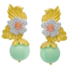 Stambolian 18K Gold Diamonds Pink Sapphires Chrysoprase Floral Drop Earrings