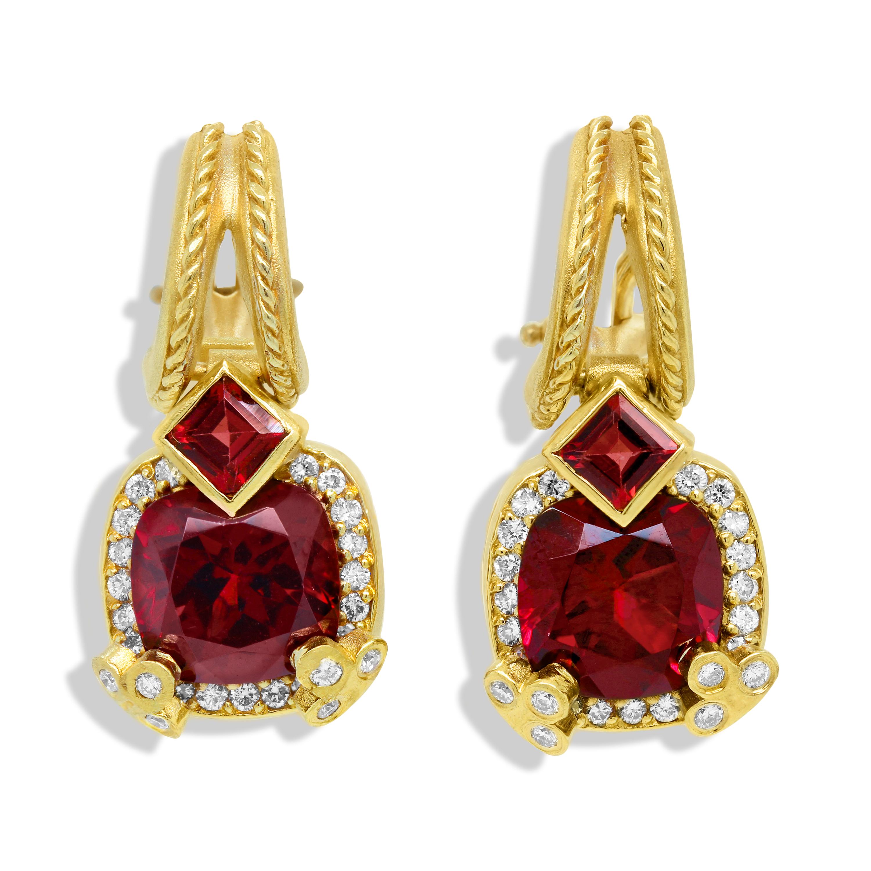 Cushion Cut Stambolian 18K Gold Diamonds Red Garnet and Ruby Drop Dangle Earrings