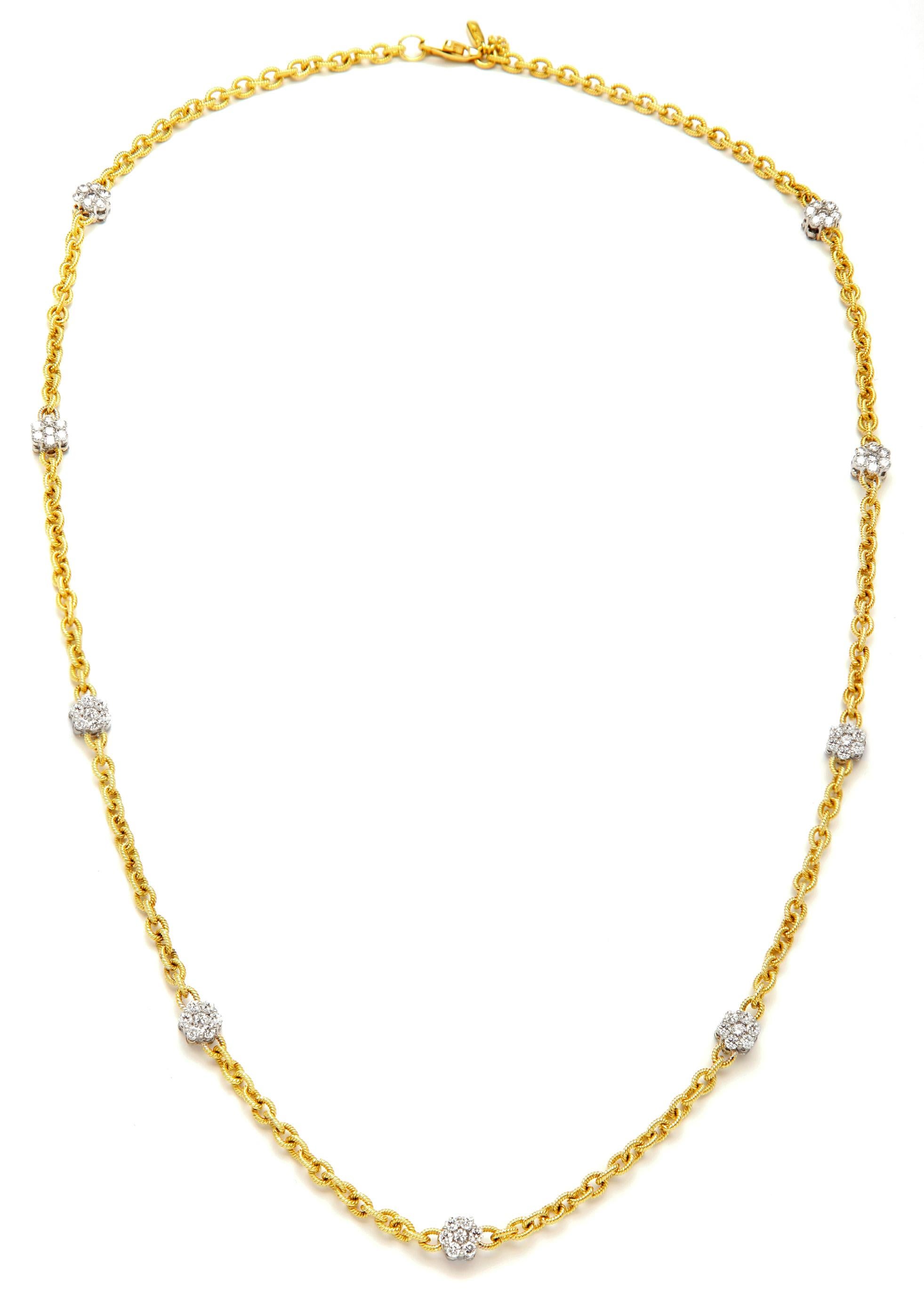Round Cut Stambolian 18K Gold Double Sided Diamond Cluster Handmade Long Chain Necklace For Sale