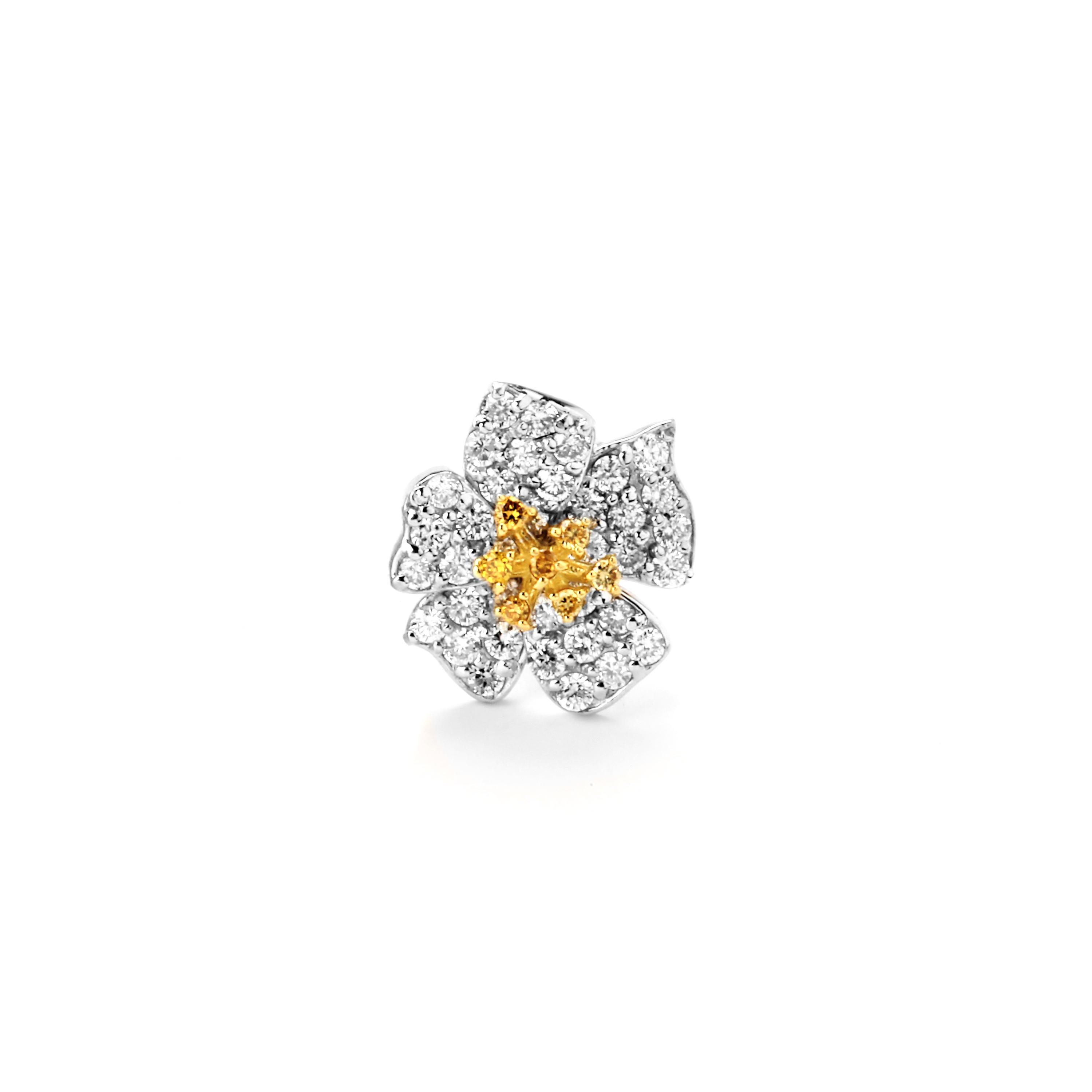 Round Cut Stambolian 18K Gold Fancy Yellow and White Diamond Flower Stud Earrings For Sale