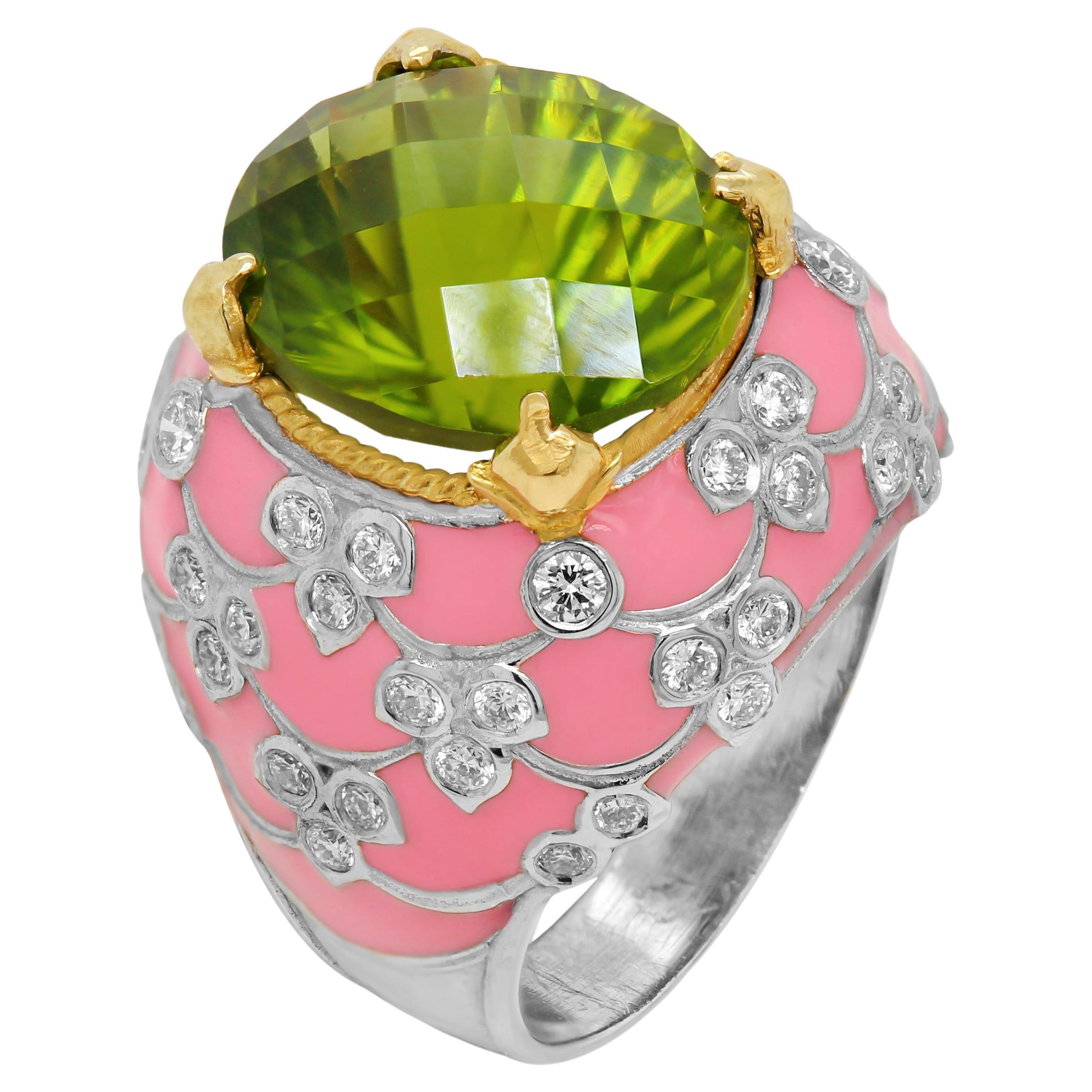 Stambolian 18K Gold Pink Enamel Diamonds Checkered Cut Oval Peridot Ring For Sale