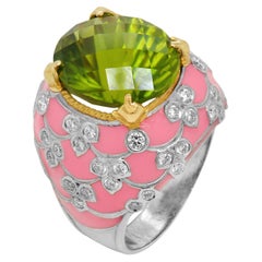 Bague péridot ovale en or Stambolian 18K émail rose diamants coupe en damier