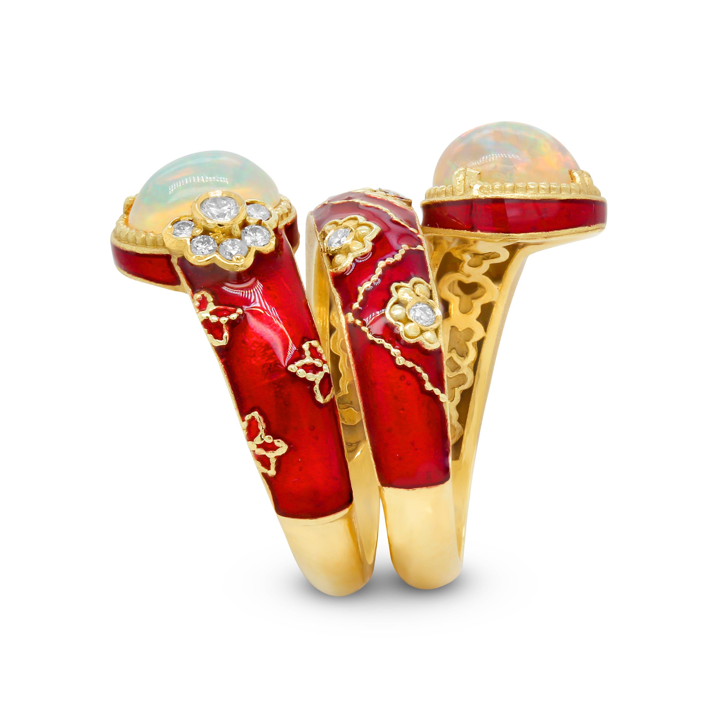 Stambolian, bague large en or 18 carats, émail rouge, diamants, opales d'Éthiopie torsadées

Issue de la collection Stambolian 