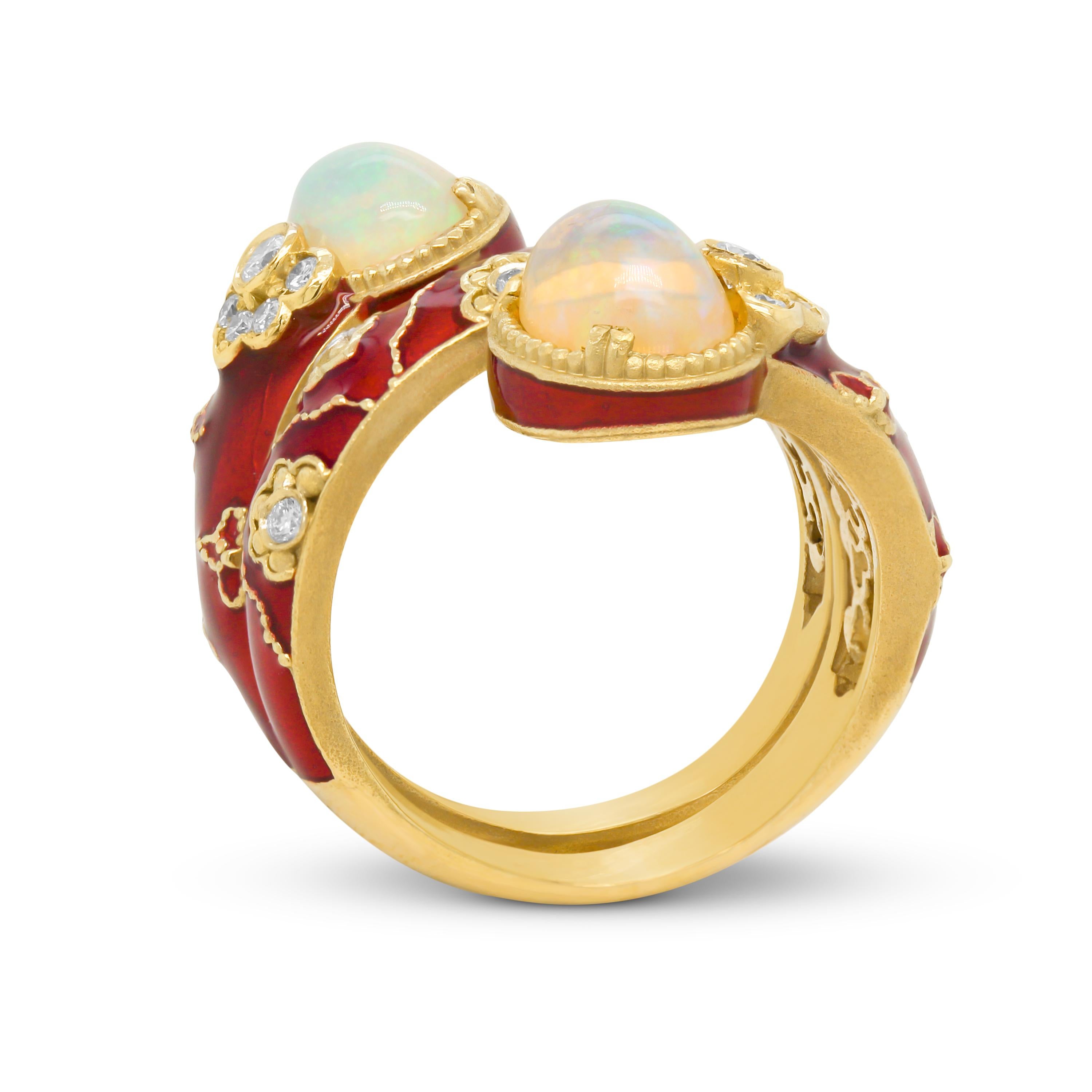 Contemporary Stambolian 18K Gold Red Enamel Diamonds Ethiopian Opals Twisted Spiral Wide Ring For Sale