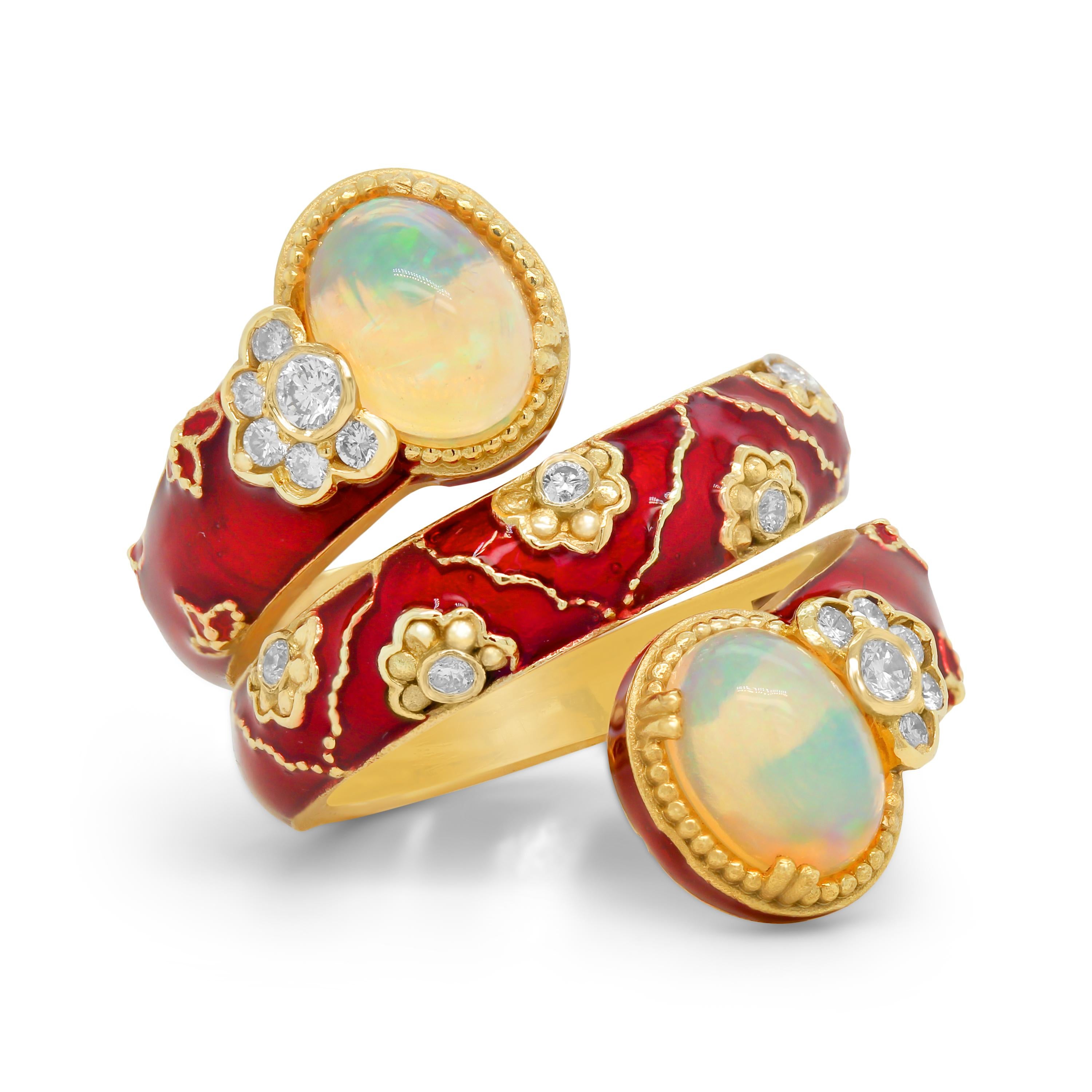 Oval Cut Stambolian 18K Gold Red Enamel Diamonds Ethiopian Opals Twisted Spiral Wide Ring For Sale