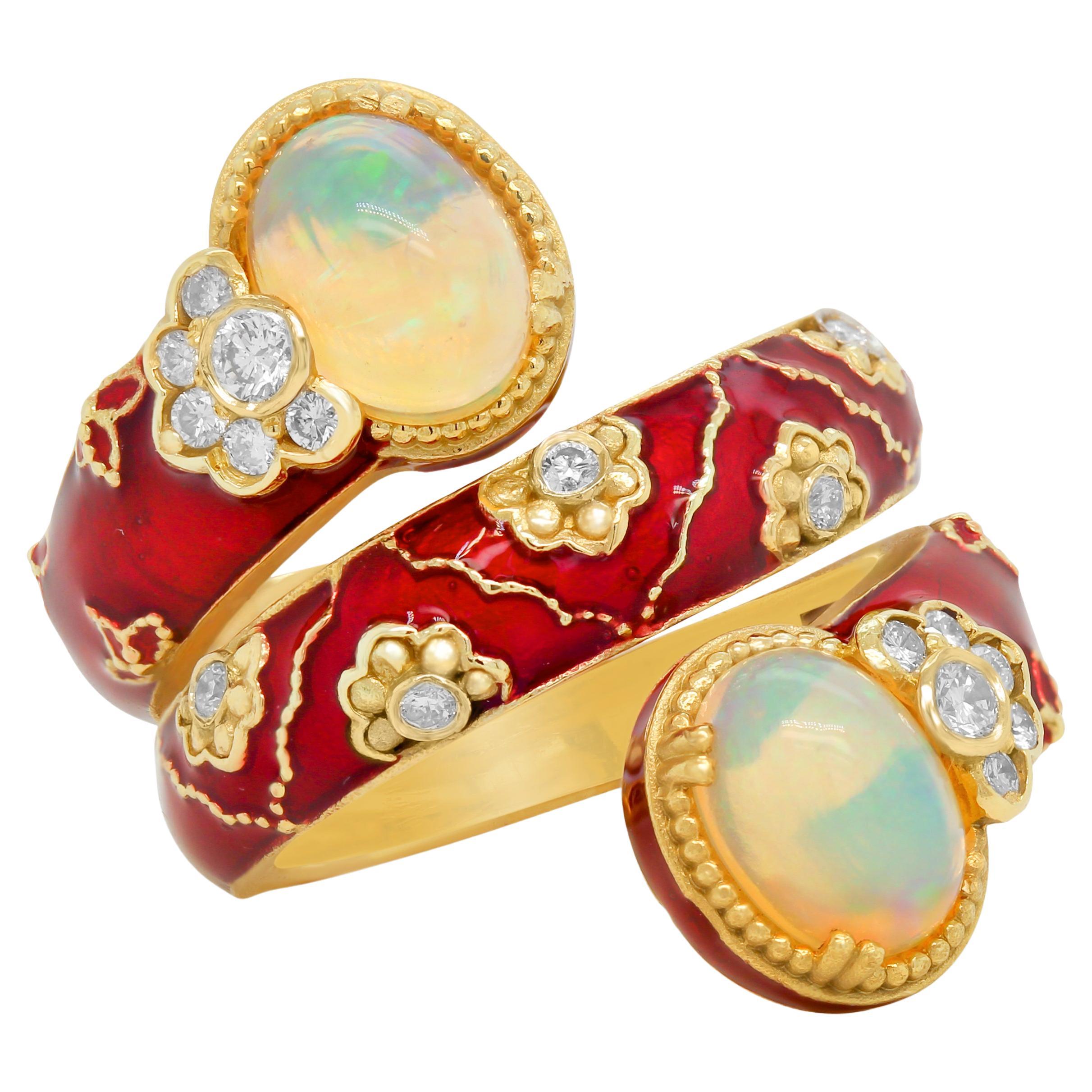 Stambolian 18K Gold Red Enamel Diamonds Ethiopian Opals Twisted Spiral Wide Ring For Sale